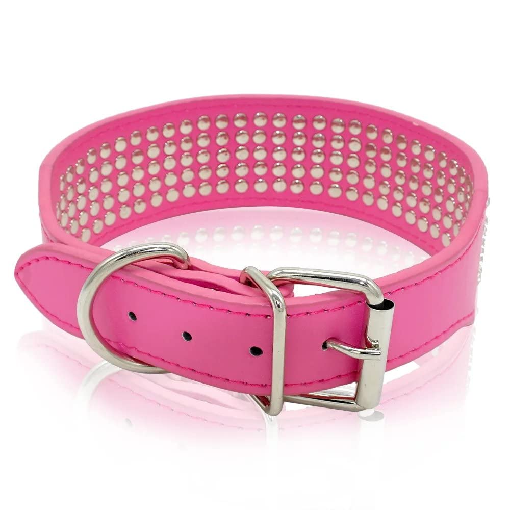 Sparkly Crystal Rhinestones Dog Collar - 2 Inch Wide PU Leather with 5 Rows of Diamonds for Medium & Large Dogs (15-18 Inches) - Hot Pink Bling Pet Collar for Parties, Walks & Special Occasions