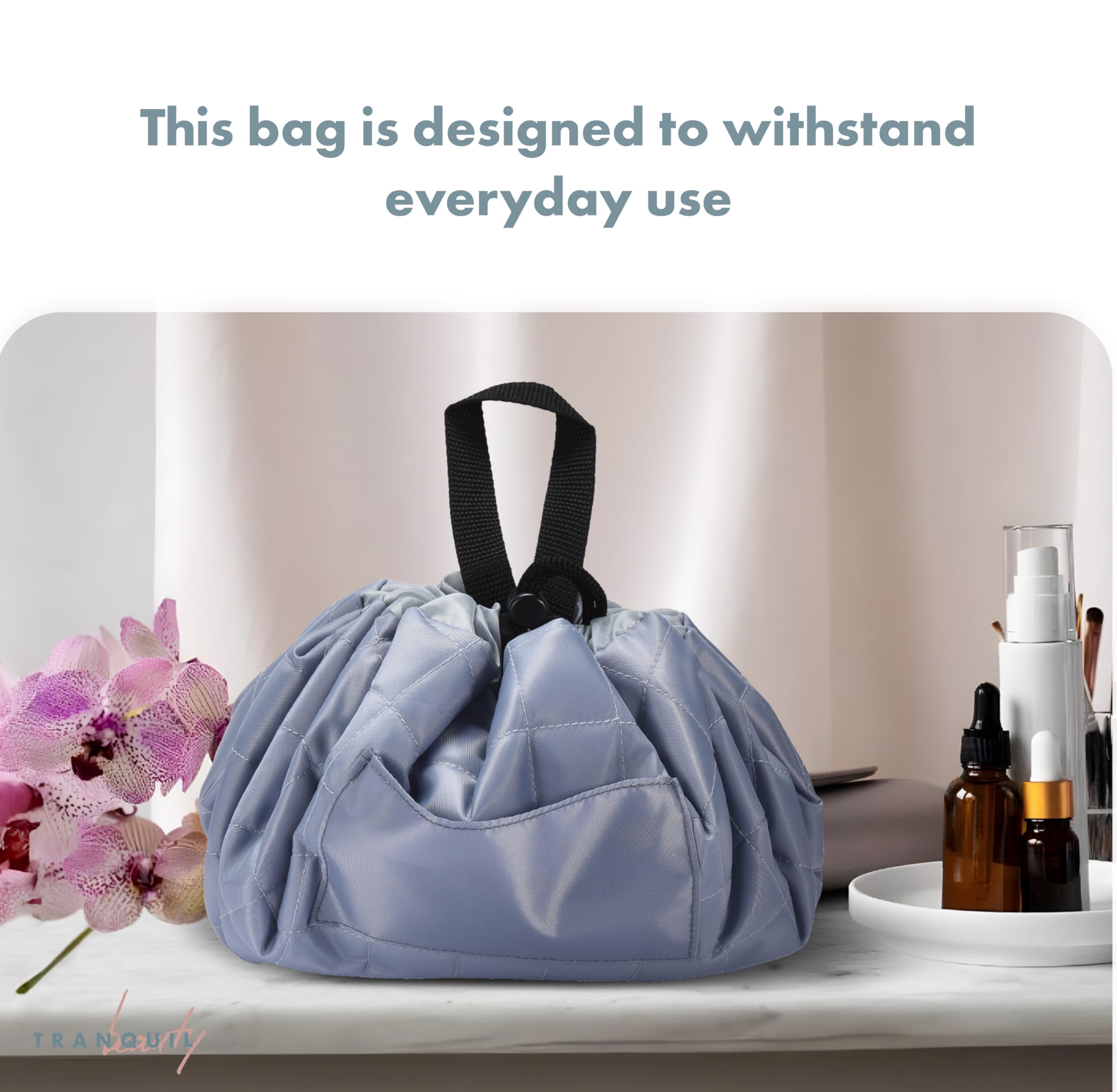 Tranquil Beauty Large Drawstring Makeup Bag - Waterproof Travel Cosmetic Pouch Organizer for Women & Girls - Perfect for Skincare, Toiletries & Travel Essentials - Ideal for Gym, Vacation & Daily Use