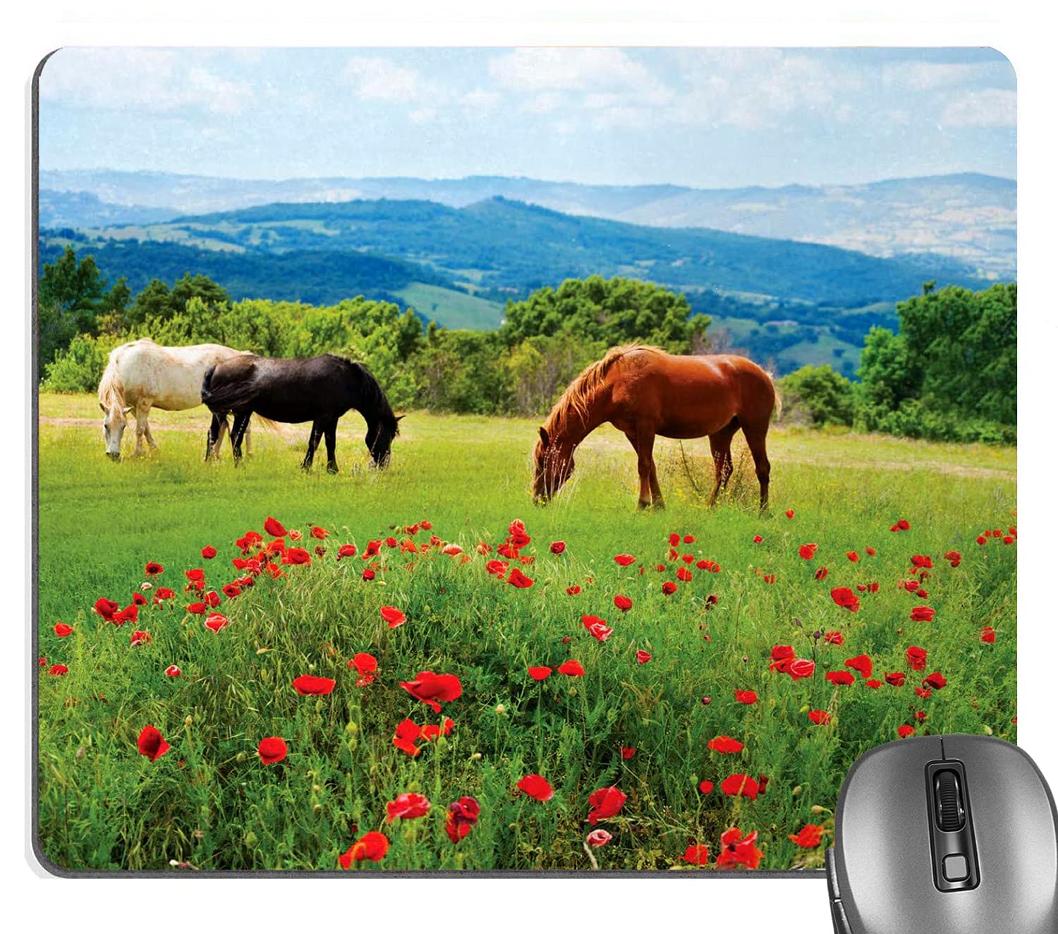 Premium Horse Landscape Mouse Pad - Realistic Horses Eating Grass in Field & Mountain Scenery - Non-Slip Rubber Base Gaming & Office Desk Accessory - Perfect for Work, Gaming & Home Computer Setup