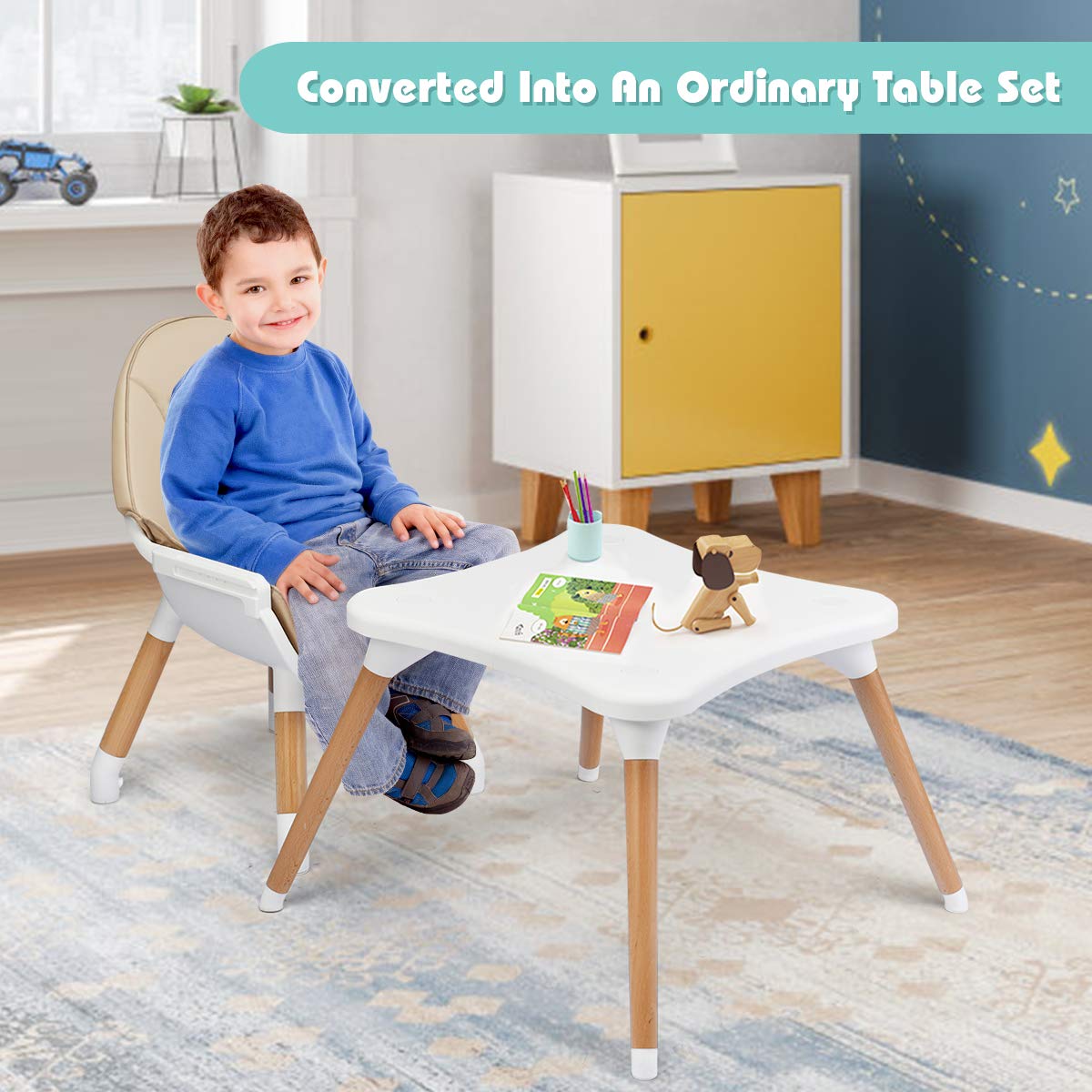 HONEY JOY 5-in-1 Convertible Wooden High Chair for Babies & Toddlers - Adjustable Feeding Tray, Safety Harness, Convertible to Table & Chair Set (Khaki) - Perfect for Dining, Learning & Playtime at Home