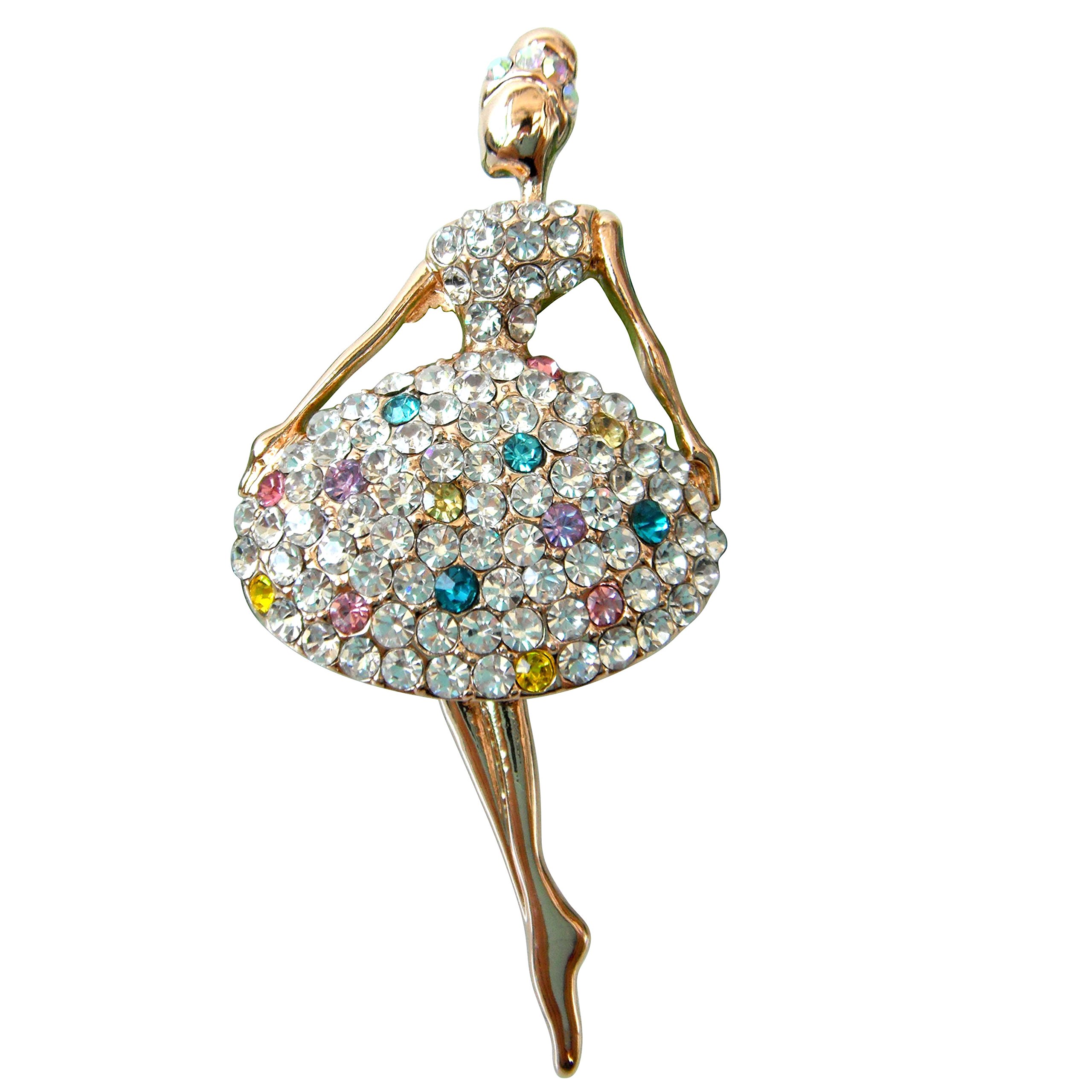 Navachi 19k Gold Plated Multicolor Crystal Dance Girl Brooch Pin - Elegant Jewelry Gift for Women, Perfect for Dresses, Blazers, Weddings & Special Occasions