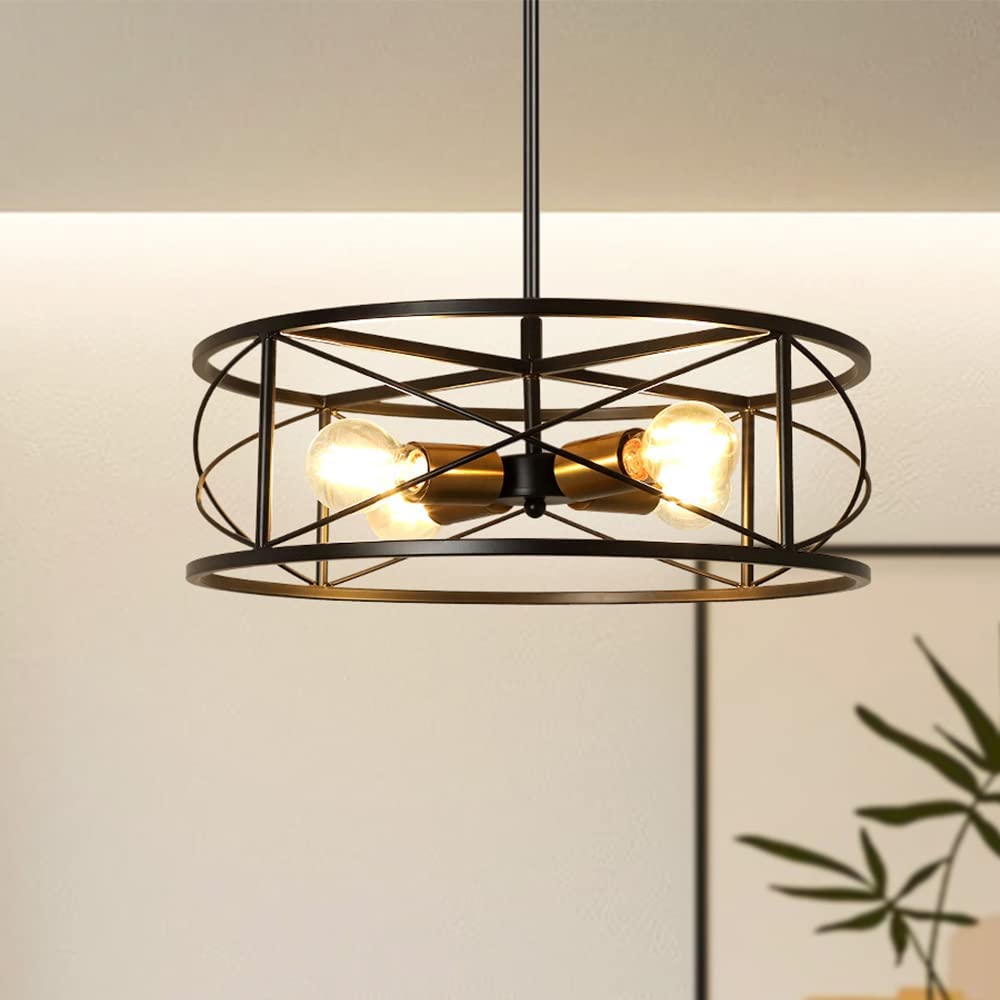 DLLT 4-Light Black Round Pendant Lighting Fixture - 18 Inch Industrial Metal Drum Cage Chandelier - Farmhouse Hanging Light for Dining Room Kitchen Living Room Bedroom Hallway - Perfect for Rustic Home Decor & Modern Interior Design