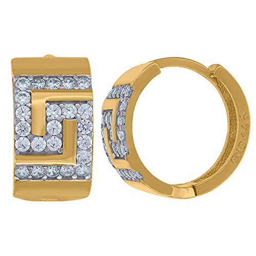 14K Two-Tone Gold Cubic Zirconia Greek Key Huggie Hoop Earrings for Women - 13.2x13.5mm Simulated Diamond Hoops - Perfect for Everyday Wear, Date Nights & Special Occasions