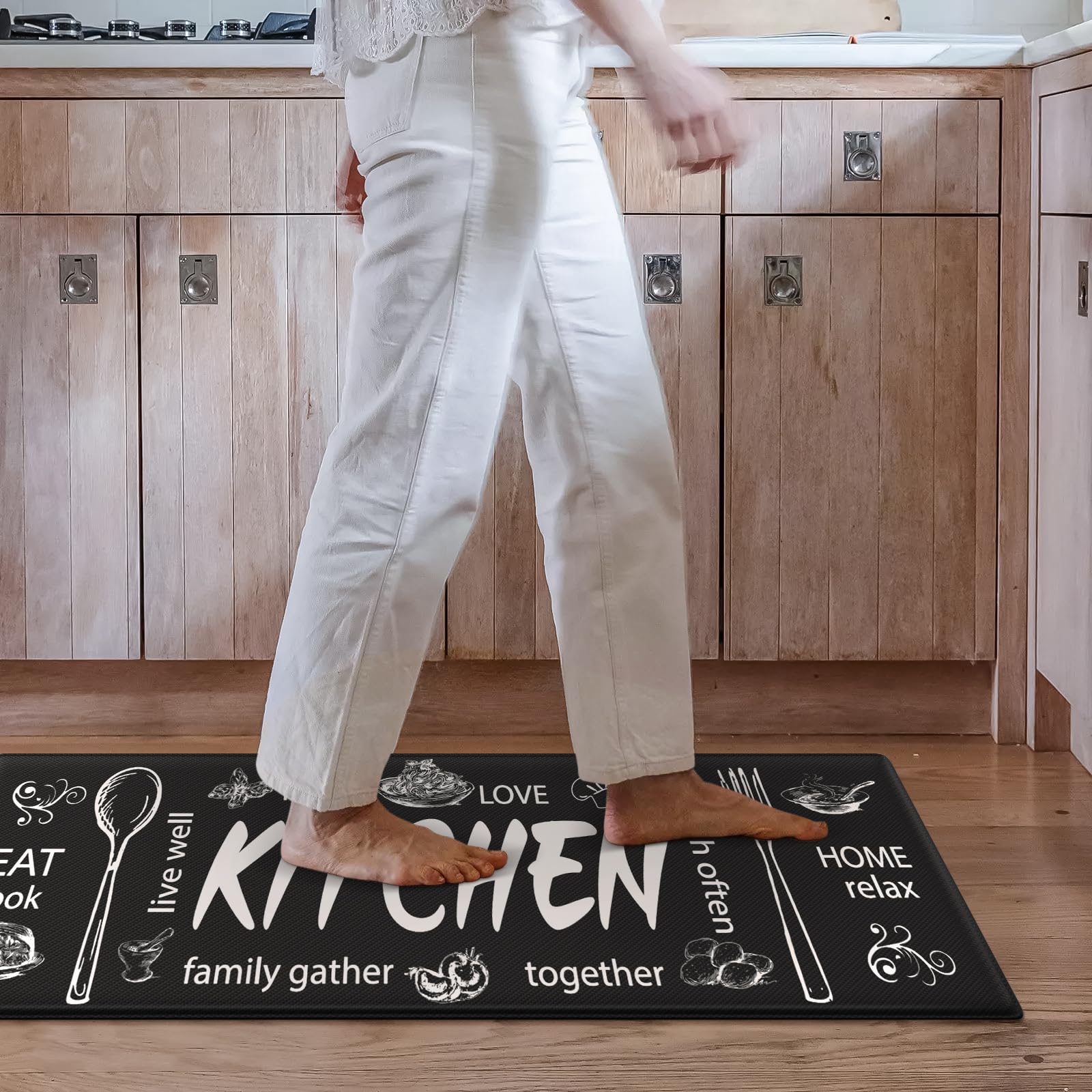 KIMODE Anti-Fatigue Kitchen Mats Set of 2 - Non-Slip Waterproof Farmhouse Style Floor Rugs with Ergonomic Cushioning for Comfortable Standing - Perfect for Home Kitchen, Laundry Room, Office, Sink Area & Under Desk (Black)
