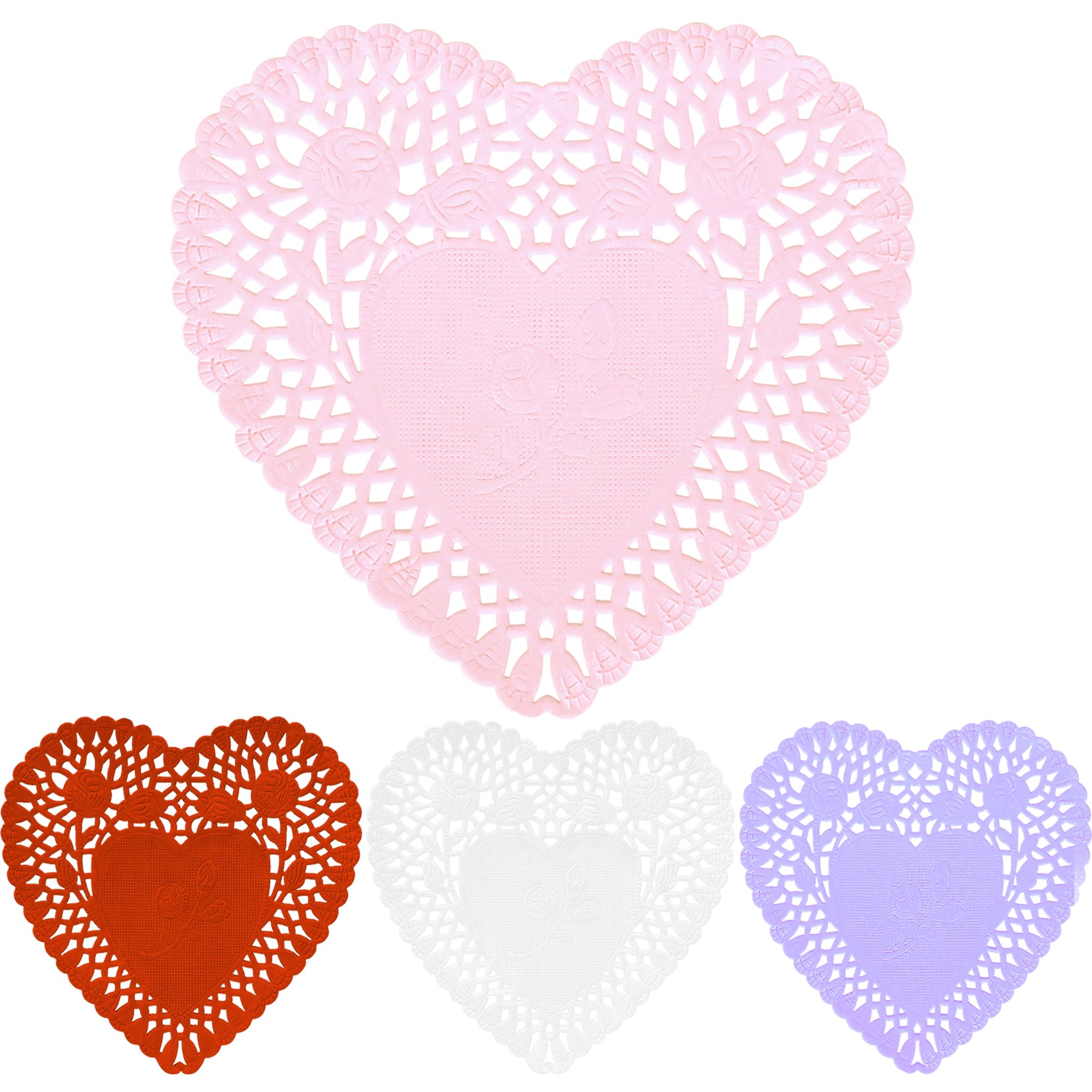 Heart Shaped Paper Doilies 10 Inch - 100Pcs Lace Paper Doilies for DIY Crafts, Wedding Decor, Party Supplies (Red, Pink, White, Purple - 25 Each) - Perfect for Valentine's Day, Baby Showers & Table Settings
