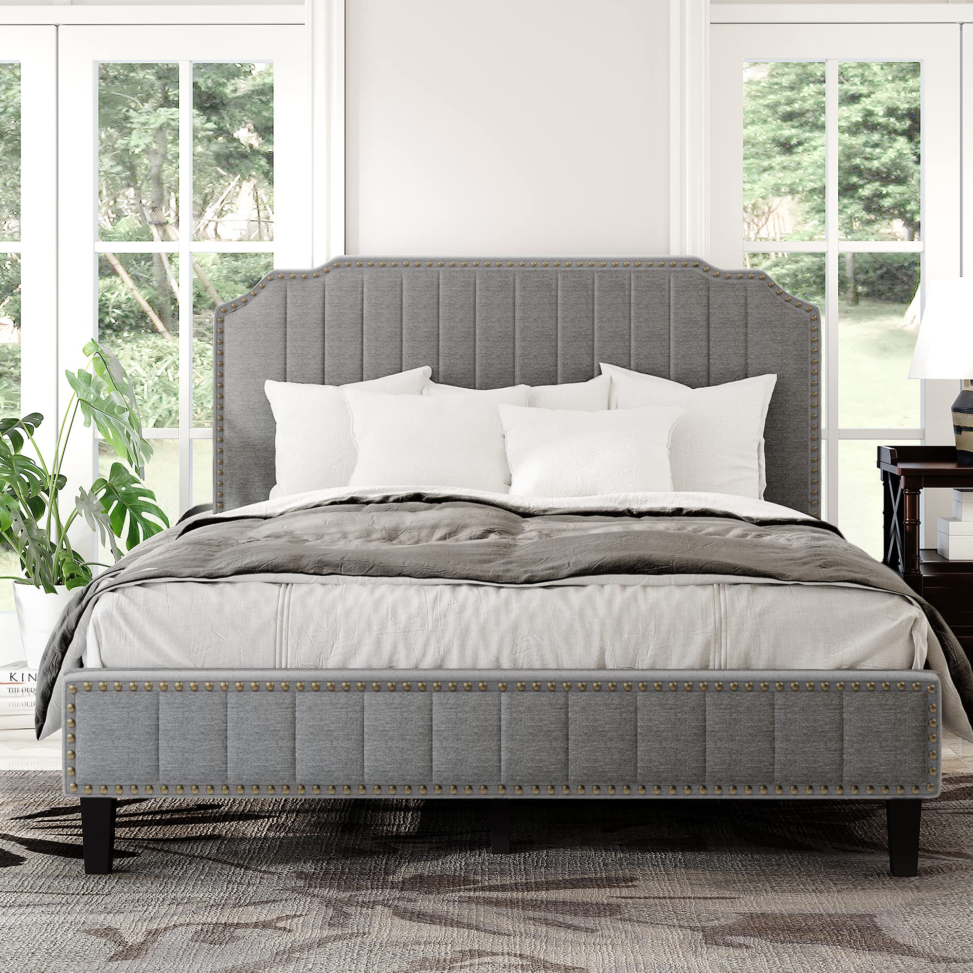 Modern Upholstered Full Size Platform Bed Frame with Solid Wood Structure - Grey Linen Fabric Headboard & Nailhead Trim - Perfect for Master Bedroom, Guest Room & Apartment Sleeping