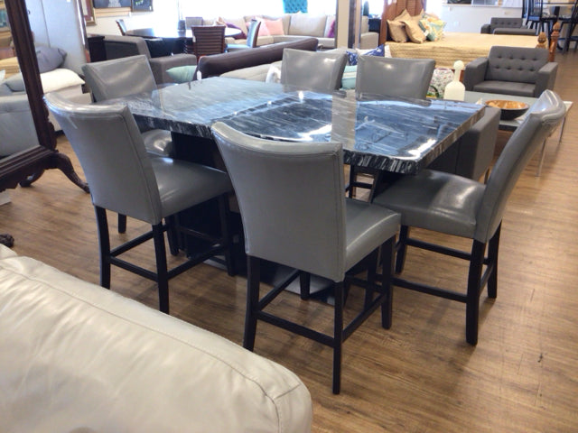 Vintage Marble High Top Dining Table with 6 Stools - Slightly Cracked Base | Perfect for Kitchen, Breakfast Nook & Small Space Dining | Antique Style Home Decor