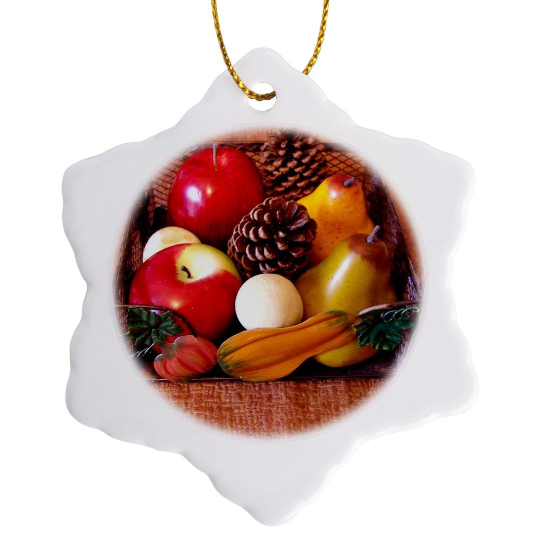 3-Inch Snowflake Porcelain Christmas Ornament - Fall Fruit Basket Design by 3dRose LLC - Perfect for Holiday Tree Decorations, Gift Giving & Winter Home Decor