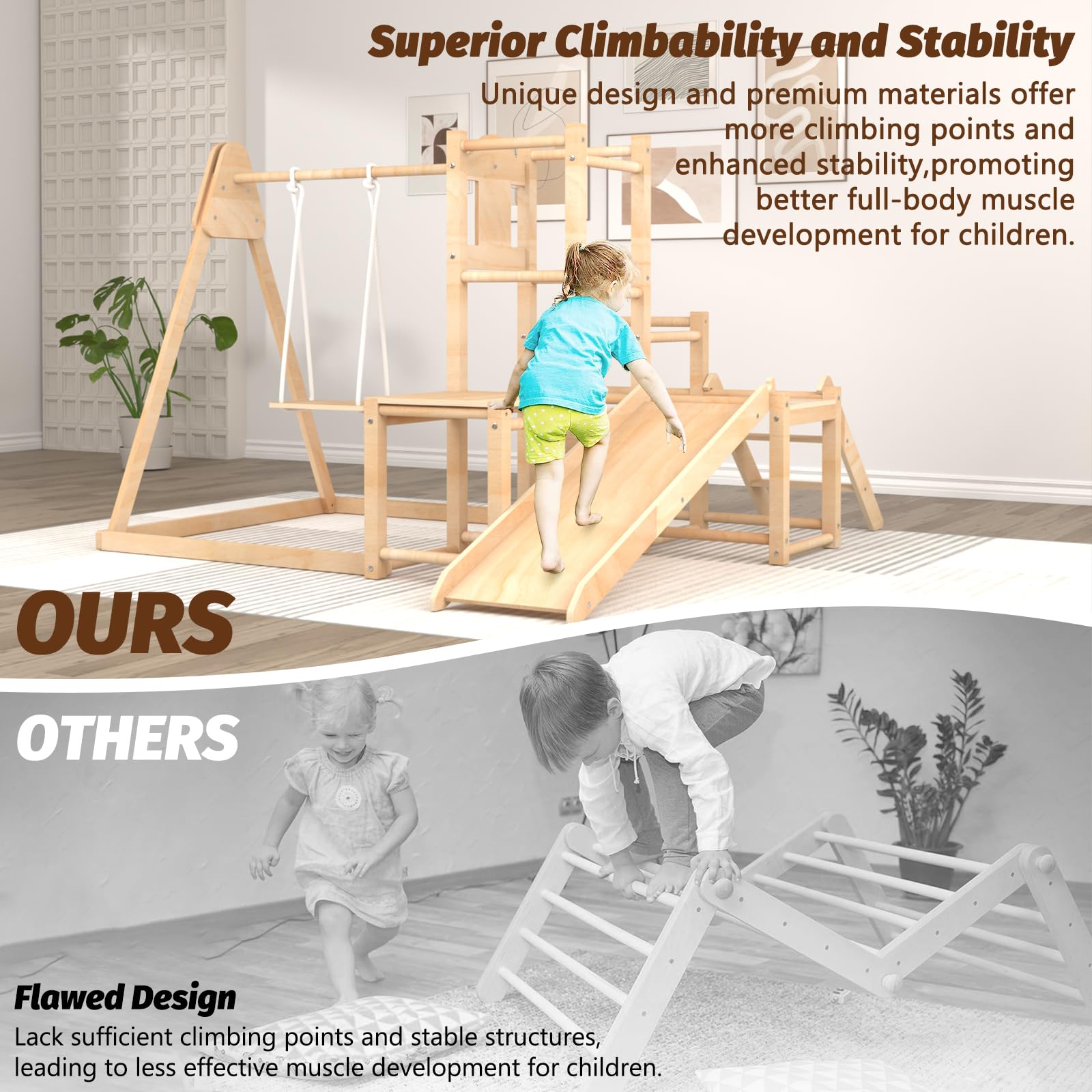 Montessori Wooden Climber Playset with Slide & Swing - Indoor Jungle Gym for Toddlers | Safe & Sturdy Toddler Climbing Toys for Home Playroom, Daycare & Preschool Development