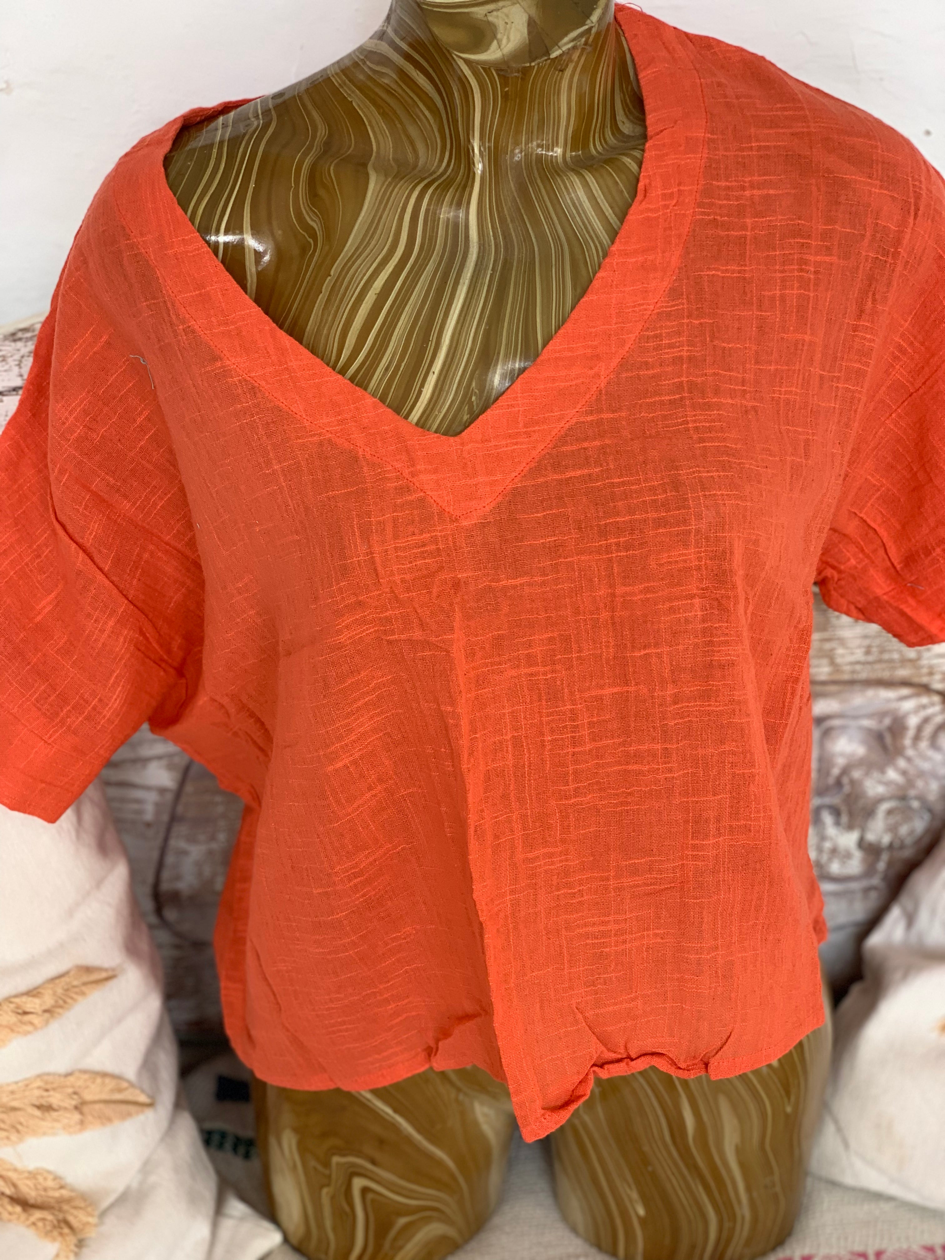 Red Linen V-Neck Shirt Blouse for Women - Casual Summer Top for Work, Travel & Everyday Wear