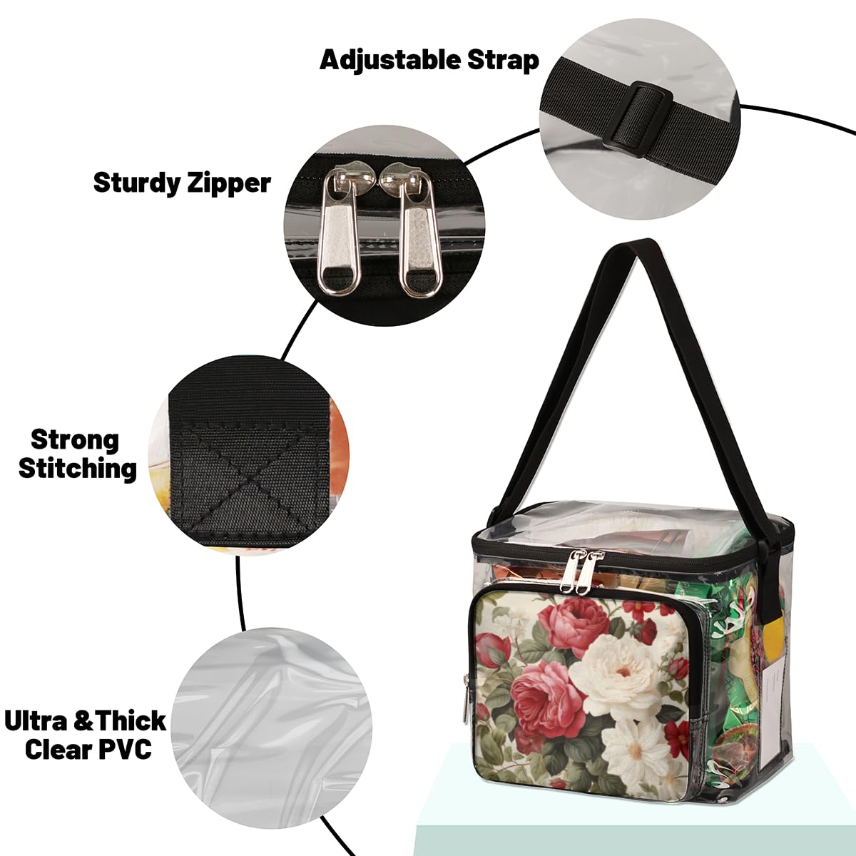GzLeyigou Clear Transparent Tote Bag with Red White Roses Print - Crossbody Shoulder Bag for Women, Lunch Bag for Outdoor, Travel, Picnic, Concerts & Sports Events (Stadium Approved) - Perfect for Beach, Shopping, Gym & Daily Use