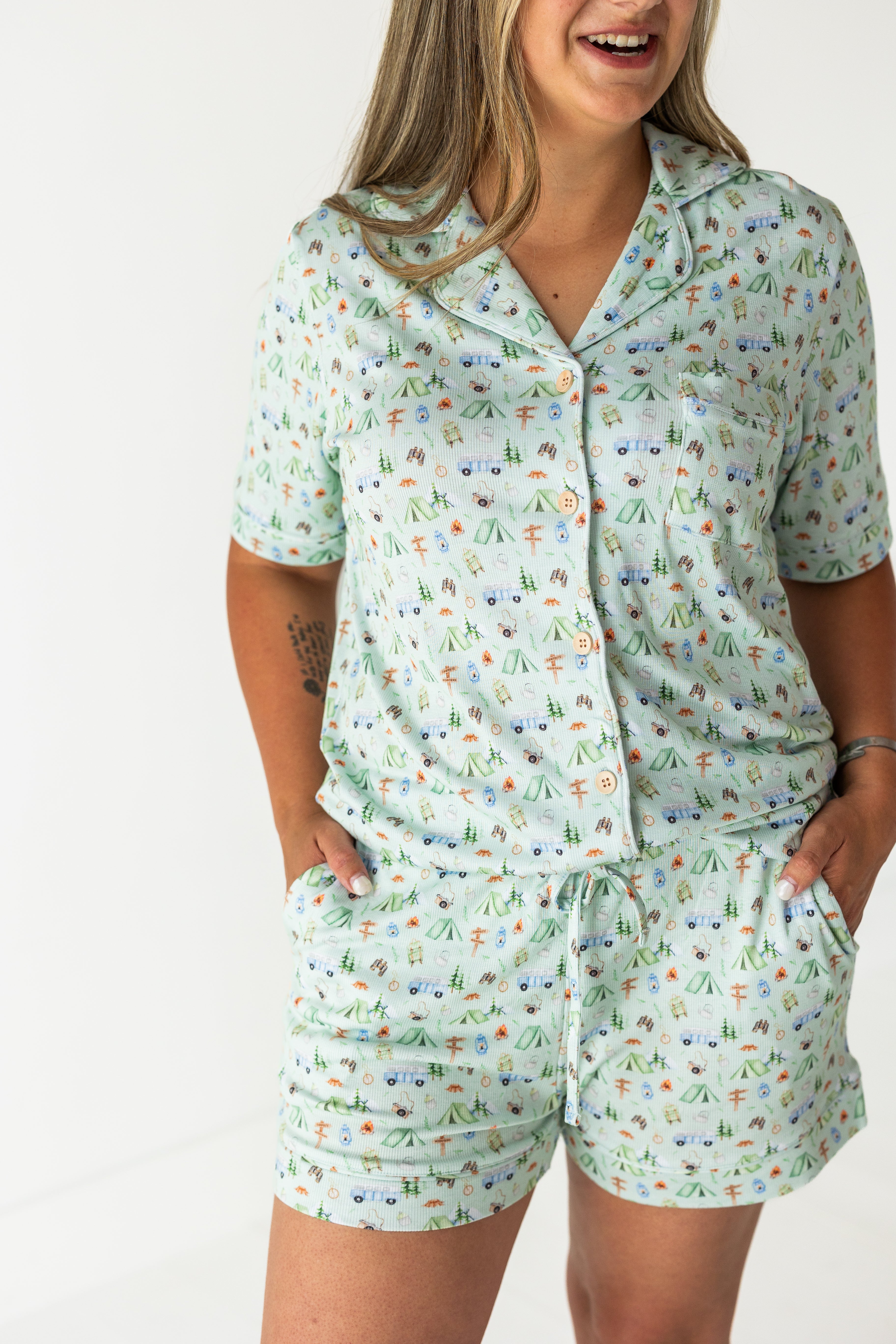 Camp Wildwoven Ribbed Women's Relaxed Short Sleeve Pajama Set - Soft & Comfortable Sleepwear for Lounge & Nighttime Relaxation