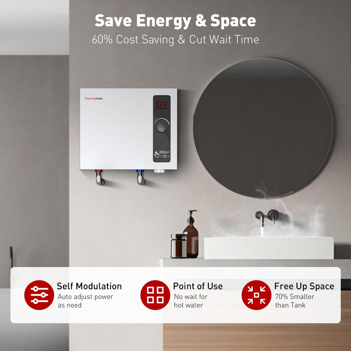 Thermomate 14kW Electric Tankless Water Heater - 240V On Demand Instant Hot Shower Heater | Self-Modulating Energy Efficient | Compact Space Saving Design (2.66GPM at 35°F Rise) | Perfect for Bathrooms, RV Showers & Small Homes