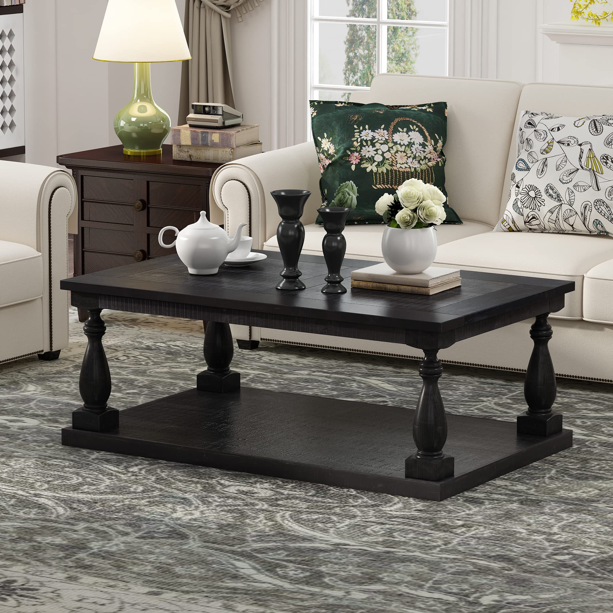 45 Inch Farmhouse Coffee Table with Storage - Solid Wood Rustic Living Room Table, Easy Assembly, Black - Perfect for Small Spaces, Farmhouse Decor & Cozy Gatherings