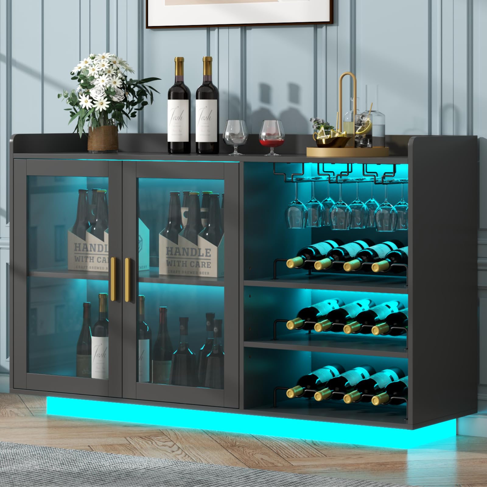 Modern Floating Wine Bar Cabinet with LED Lights - Glass Rack & Removable Wine Racks - Kitchen Buffet Sideboard with Storage Shelves & Glass Doors - Perfect for Home Bar, Dining Room, or Kitchen Counter Organization - Black