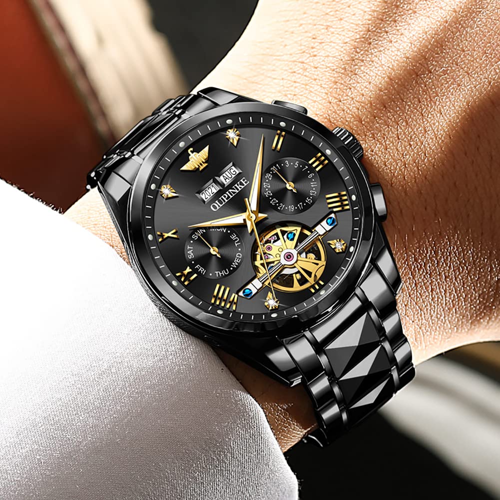 OUPINKE Men's Luxury Automatic Skeleton Watch with Diamond Accents - Self-Winding Dress Watch with Sapphire Crystal & Tungsten Steel Band - Perfect for Business, Formal Events & Gift Giving