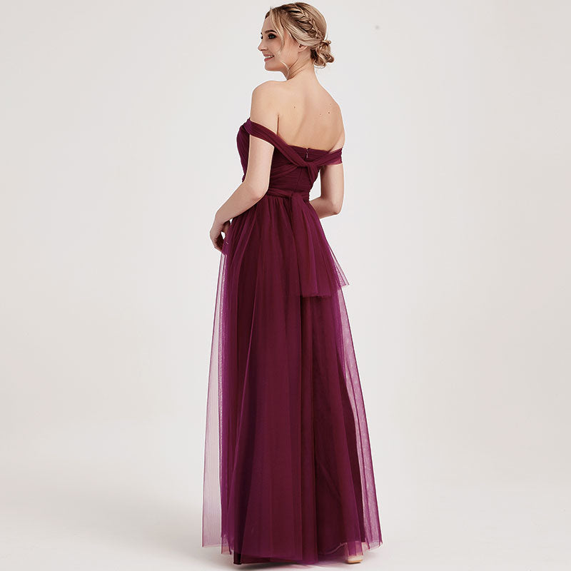 Burgundy Multi-Way Sweetheart Tulle Bridesmaid Dress - Adjustable Straps, Flowy Skirt - Perfect for Weddings, Prom, Formal Events & Special Occasions