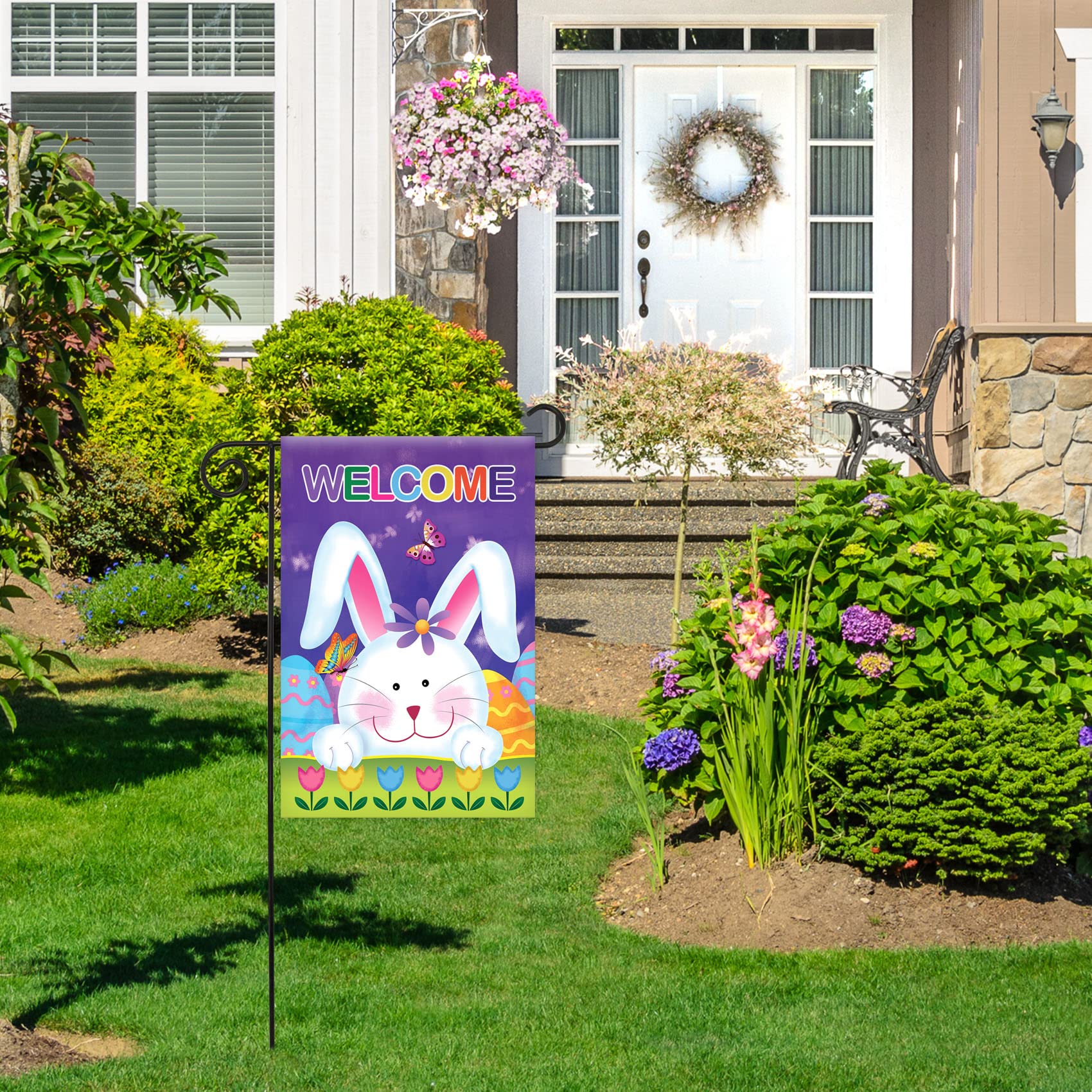 Morigins Welcome Bunny Eggs 12.5x18 Inch Decorative Easter Garden Flag - Cute Rabbit & Tulip Spring Design for Outdoor Yard Decor, Easter Party & Seasonal Home Decoration