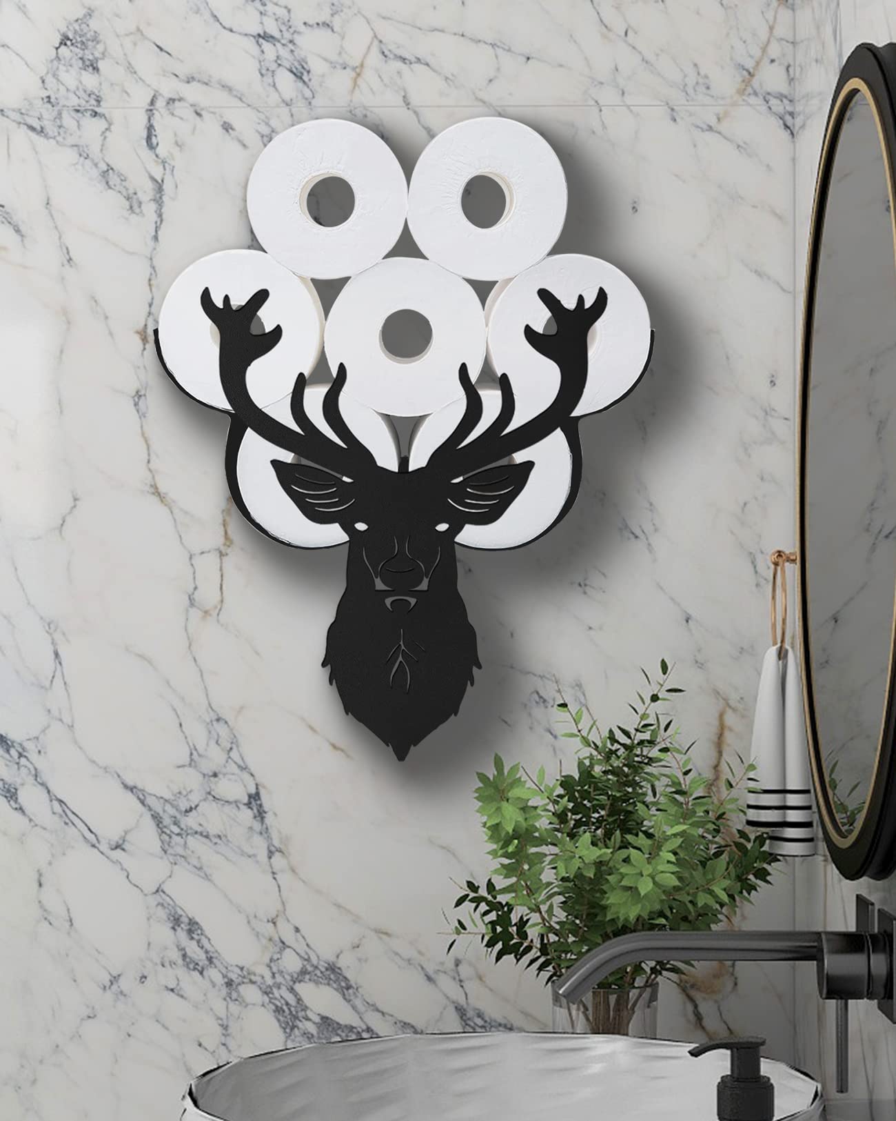 Deer Head Toilet Paper Holder - Wall Mount Antler Decor with 8-Roll Storage, Metal Elk Sculpture for Bathroom & Rustic Home Decor - Perfect for Cabin, Farmhouse, and Lodge Style Bathrooms