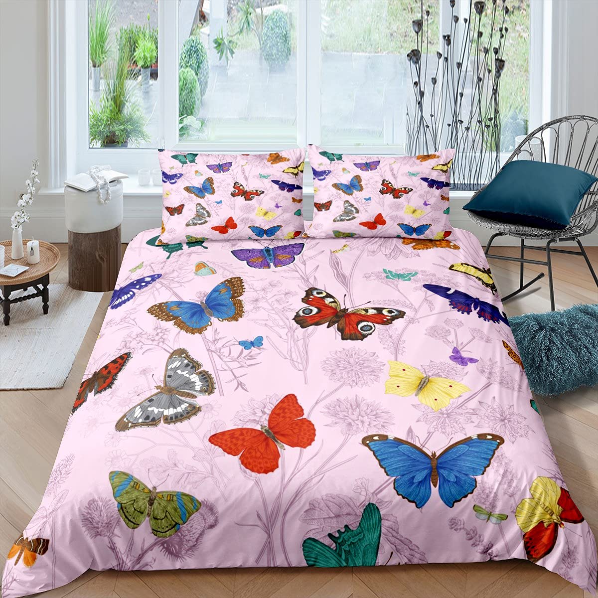 Erosebridal Pink Butterfly Duvet Cover Set - Floral Botanical Bedding with Colorful Butterflies, Twin Size Kawaii Room Decor for Girls - Perfect for Boho Bedroom, Nursery, or Pastoral Style Home Decor