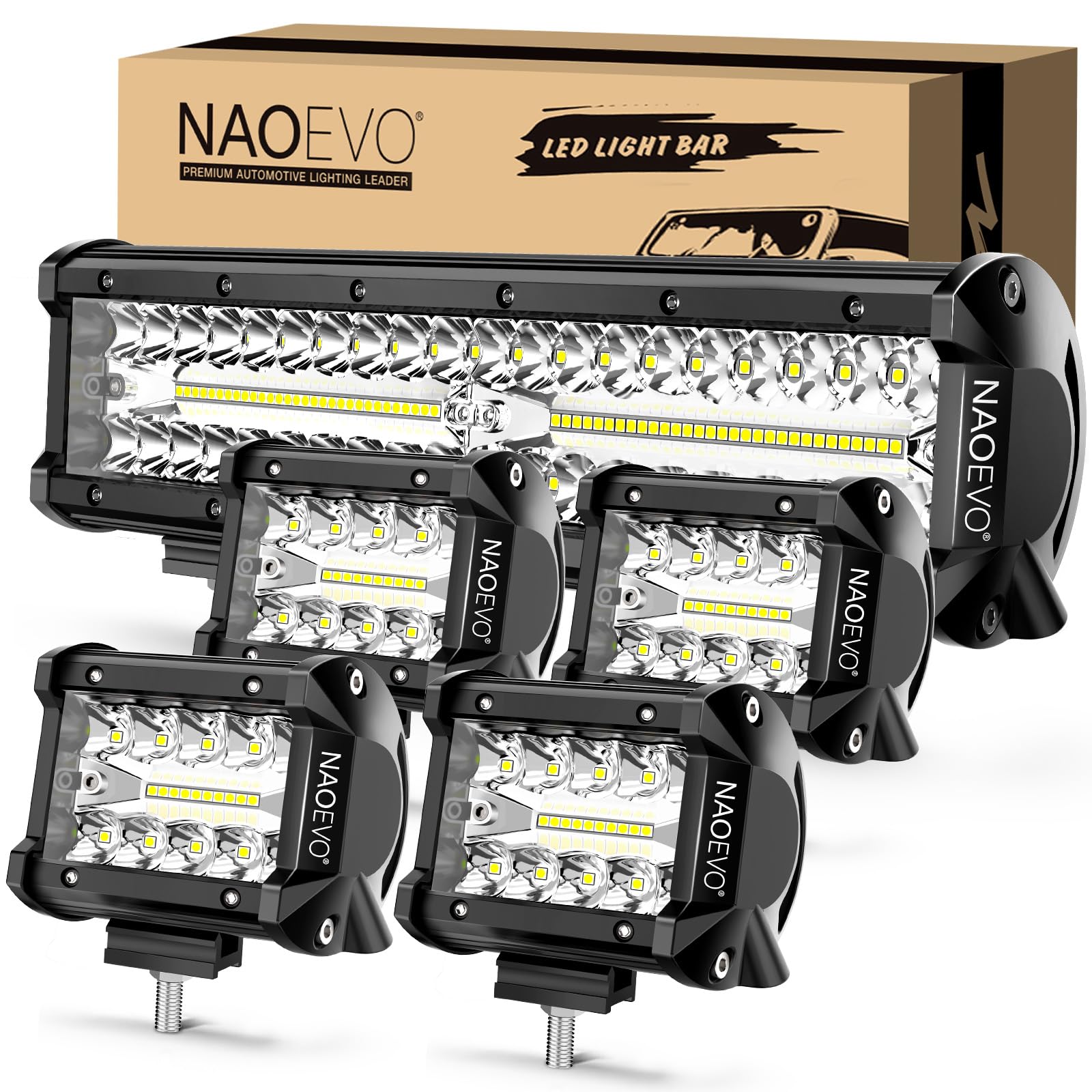 NAOEVO 12 Inch LED Light Bar with 4PCS 4 Inch LED Pod Lights - 54000LM Super Bright LED Fog, Driving & Off Road Lights - Triple Row Spot Flood Combo for Truck, Car, UTV, ATV & Boat - Durable & Waterproof for Off-Roading, Camping & Night Driving - 1 Year Warranty