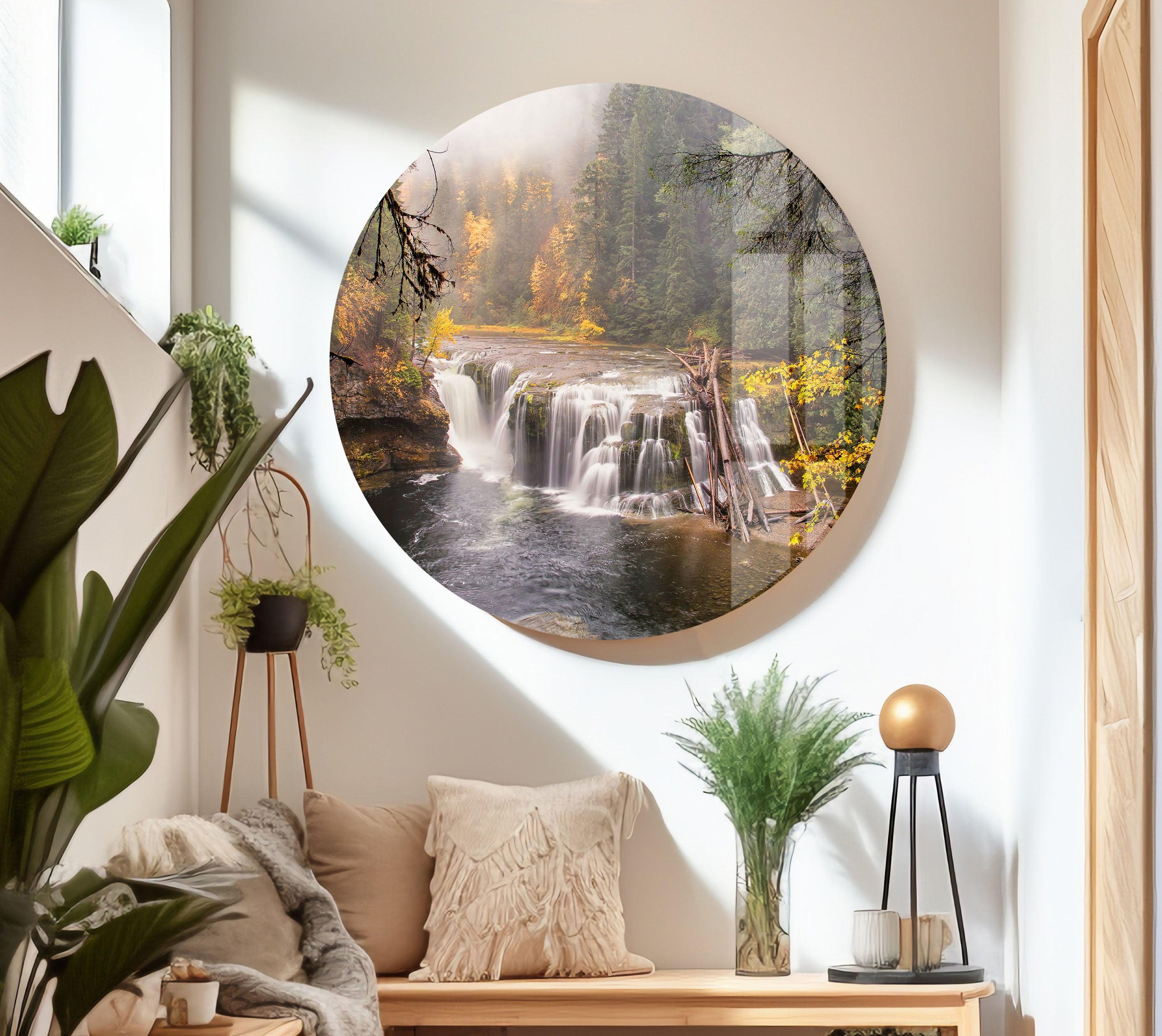 Autumn Waterfall Serenity Nature Wall Art - Stunning Landscape Glass Print for Home & Office Decor - Perfect for Living Room, Bedroom or Meditation Space