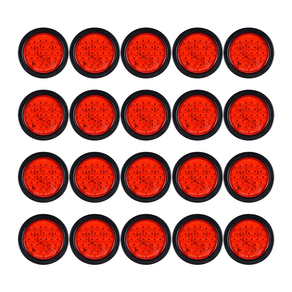 20PCS 4 Inch Round Red 24-LED Tail Lights - Stop, Brake & Running Lamps with Grommet Plug for Truck, Trailer, RV, ATV, UTV & Boat - Durable & Bright for Night Driving & Safety