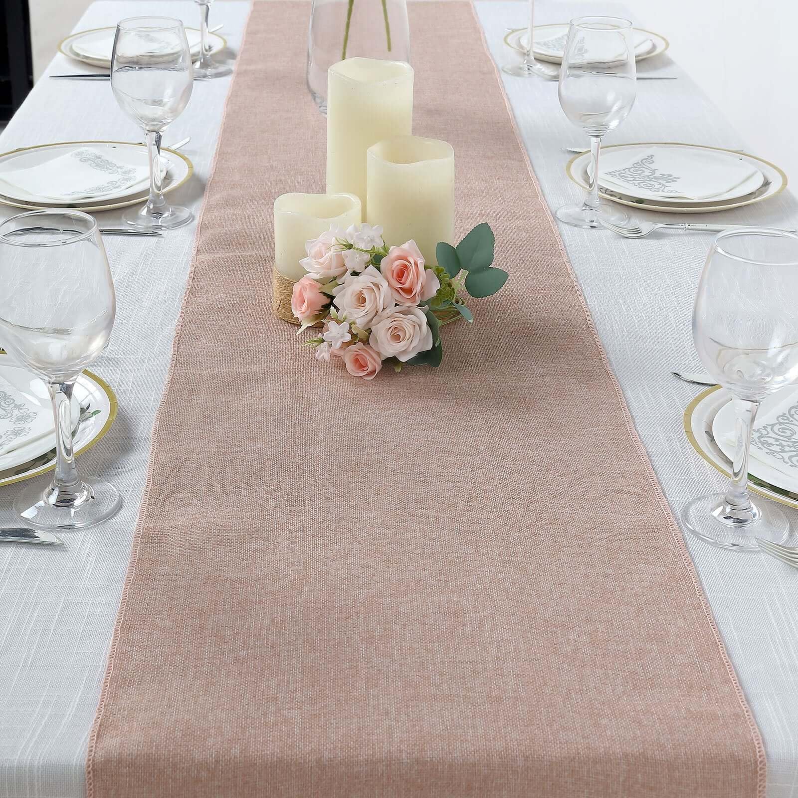 Efavormart 14x108 Inch Dusty Rose Table Runner - Boho Chic Rustic Linen Jute Burlap Decor for Wedding, Farmhouse, and Dining Table Decoration