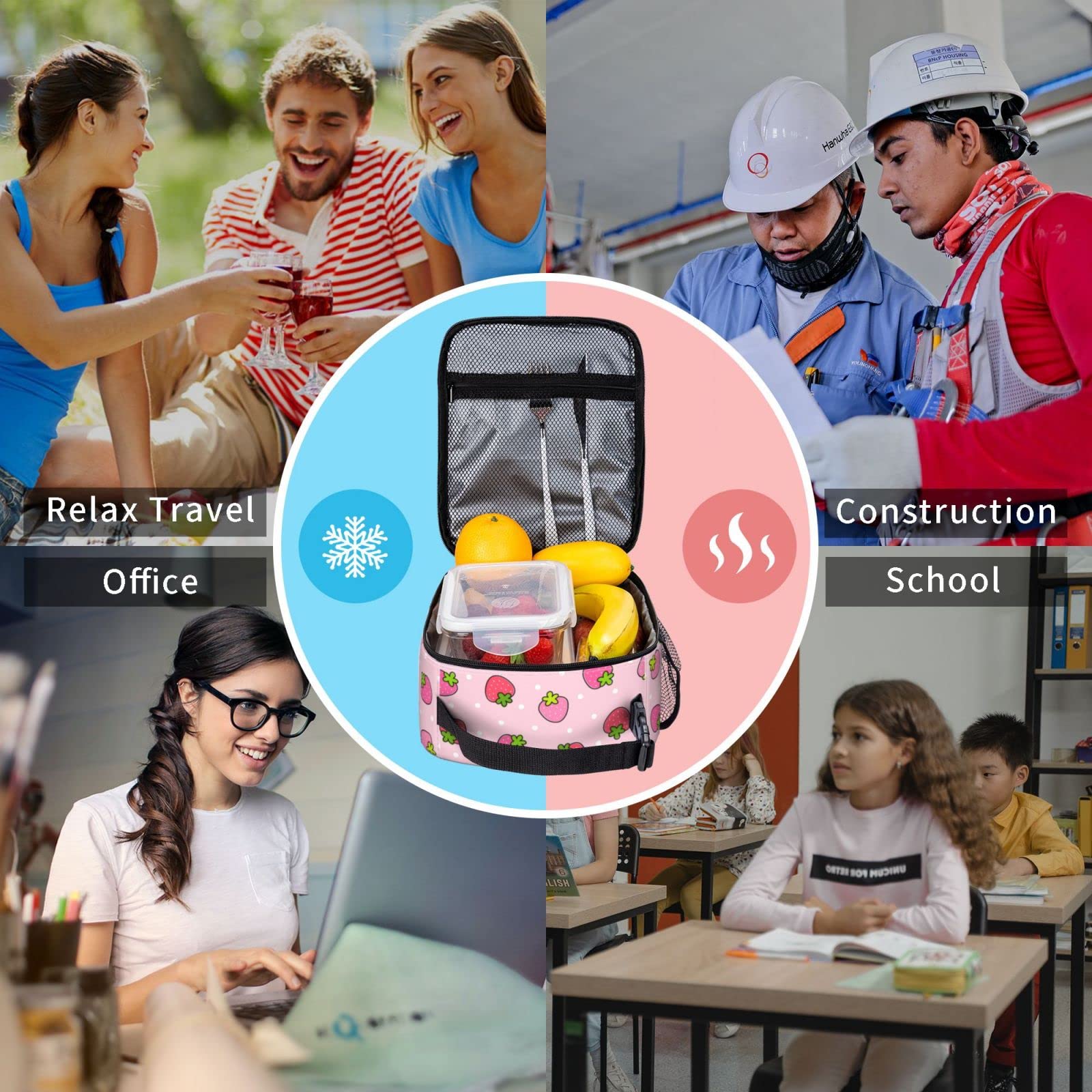 KiuLoam Insulated Lunch Box - Cute Strawberry Pink Reusable Lunch Bag with Shoulder Strap for Women, Men, Girls & Boys - Perfect for School, Work, Picnics & Outdoor Activities
