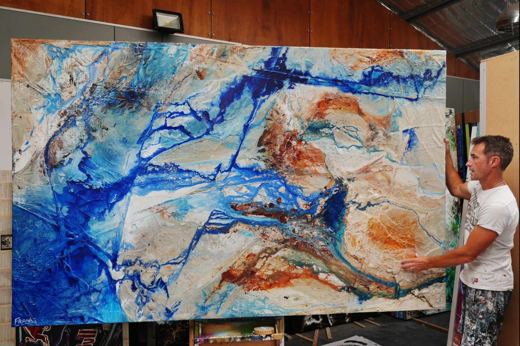 Blue Cream Textured Abstract Painting - Sapphire Rust Outback 280cm x 170cm Modern Wall Art for Living Room, Bedroom & Office Decor