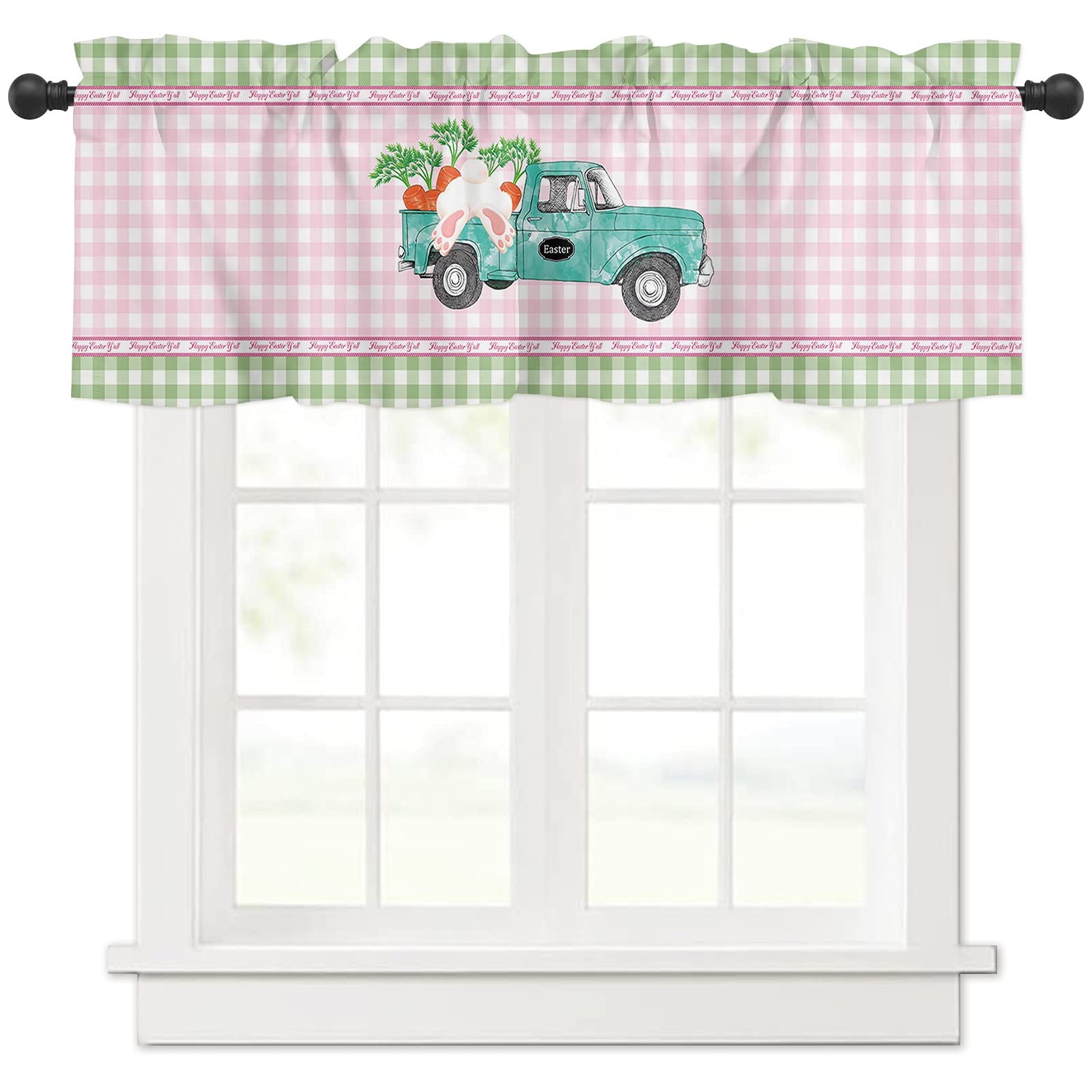 Easter Truck Bunny Rod Pocket Window Valance - 54x18 Inch Washable Short Curtain Panel for Kitchen, Bathroom & Living Room - Pink, Green, Buffalo Blue Spring Decor - Perfect for Easter Home Decor & Seasonal Window Treatments