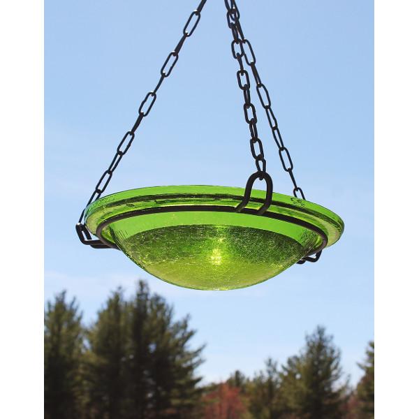 Fern Green Crackle Glass Birdbath Bowl for Garden Decor - Handmade Outdoor Bird Feeder with Crackled Texture, Perfect for Attracting Birds to Your Backyard or Patio