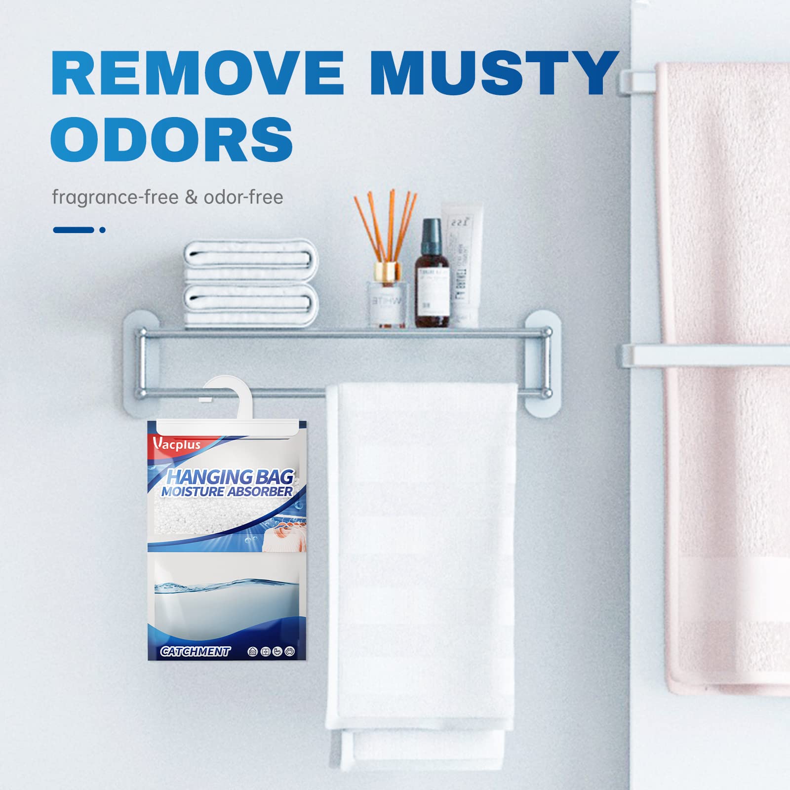 Vacplus Moisture Absorber 10 Pack - Portable Dehumidifiers for Closet, Bathroom & Small Spaces - 14oz Odor Eliminator Bags Traps Excess Moisture - Hanging Dehumidifier Bags for Musty Smell Removal - Perfect for Basements, RVs & Storage Units