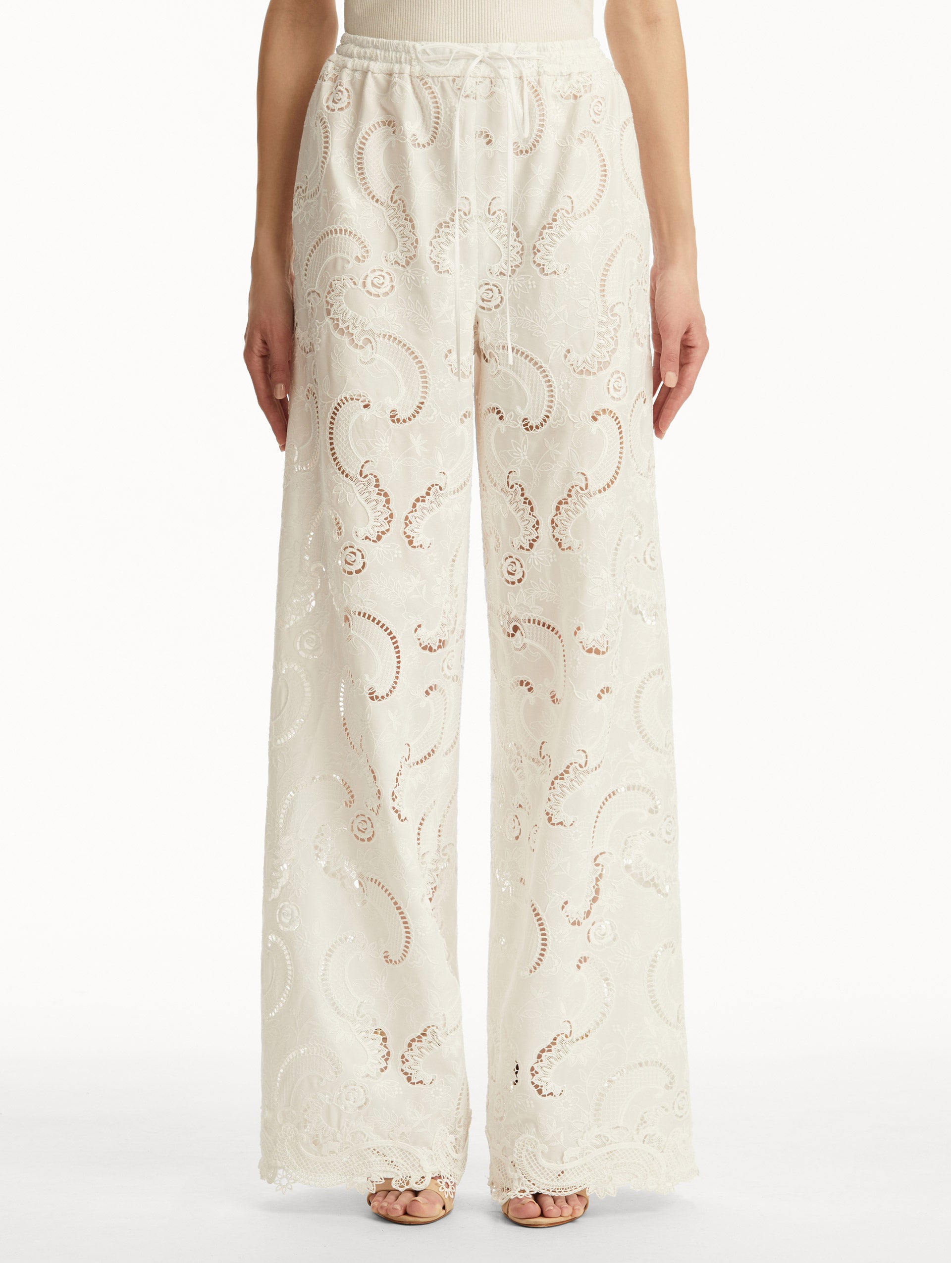 Elegant Scroll Guipure Wide Leg Pants for Women - High Waist Flowy Palazzo Trousers - Perfect for Office, Party & Special Occasions