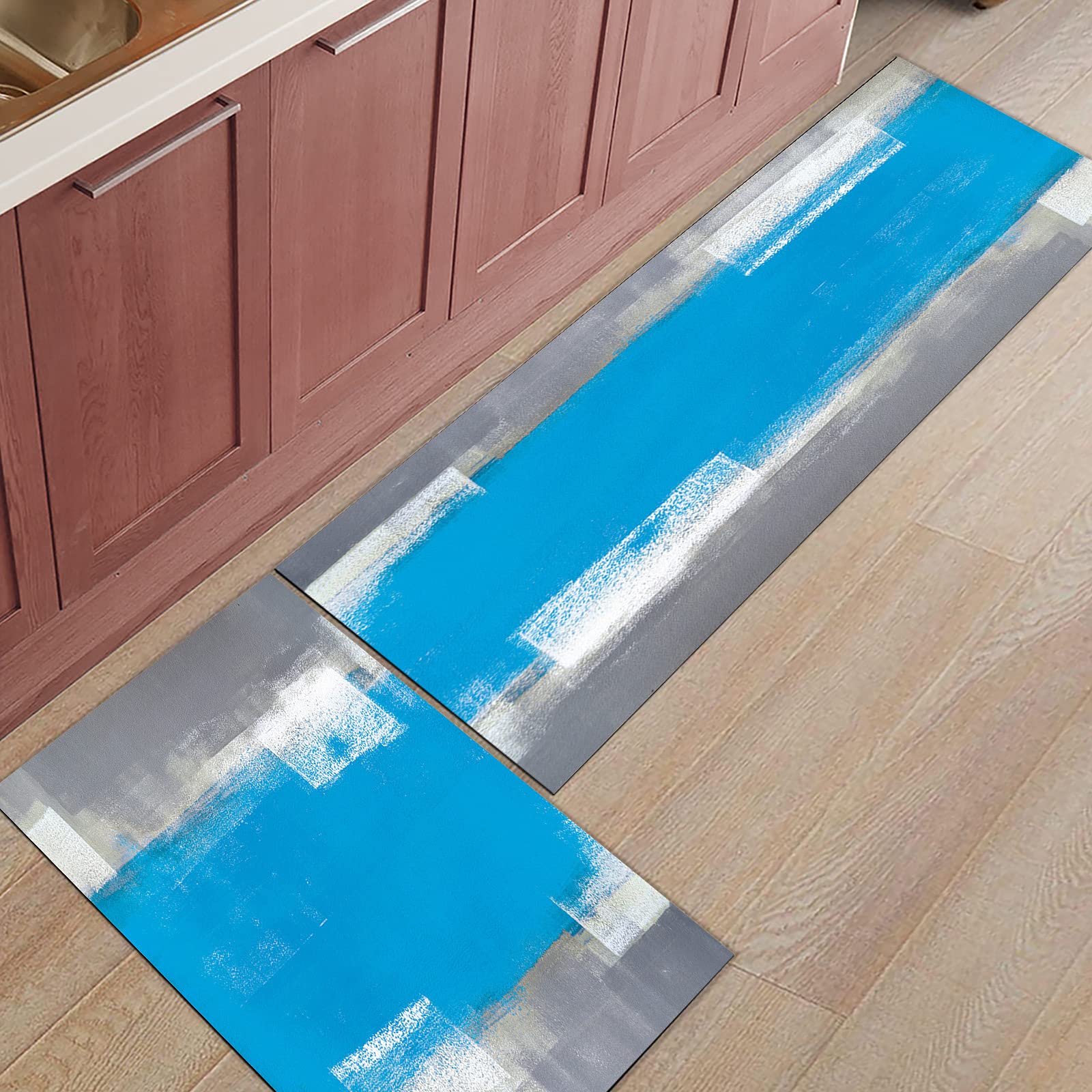 LooPoP Abstract Pattern Anti-Fatigue Kitchen Mats Set - 2 Piece Non-Slip Cushioned Floor Rugs, Washable Gray & Blue Oil Painting Design - Perfect for Kitchens, Entryways & High-Traffic Areas