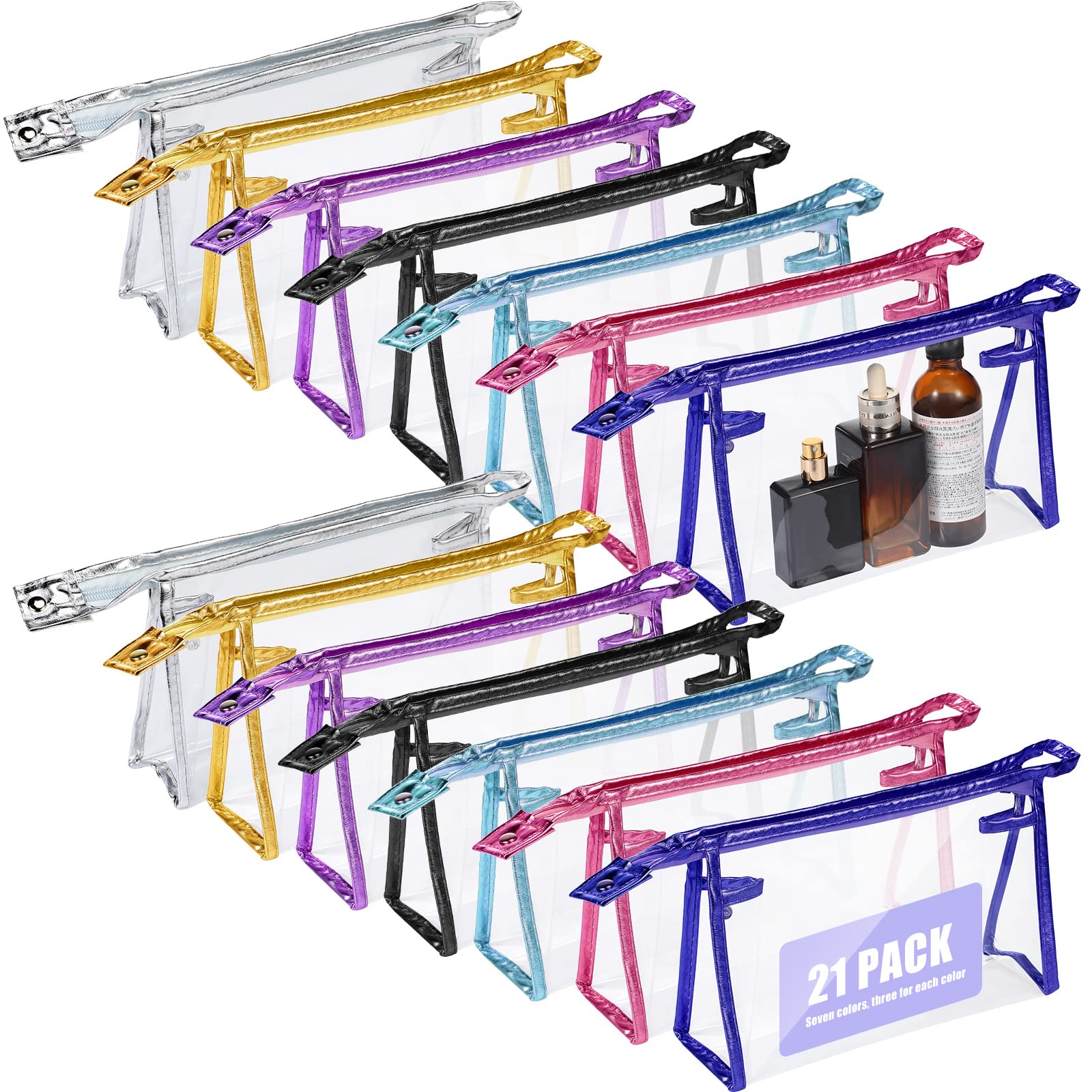 21 Pack Clear Makeup Bags for Women - Waterproof Travel Cosmetic Organizer Set with Zipper Pouch | Colorful Toiletry Bags for Girls | Perfect for Airplane Carry-on, Gym Essentials & Vacation Packing
