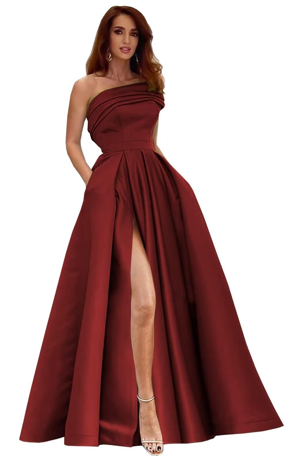 Elegant A-Line Satin Prom Dress for Women - Off Shoulder One-Shoulder Neck Formal Gown, Sleeveless Long Evening Dress for Homecoming, Wedding, Party & Special Occasions