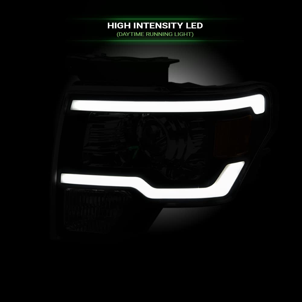 DRL LED Strip Tube Bar Black Housing Projector Headlights Signal Lamps Amber Reflector - Compatible with 2009-2014 Ford F150 Pickup Truck | Upgrade Lighting for Night Driving & Off-Road Adventures