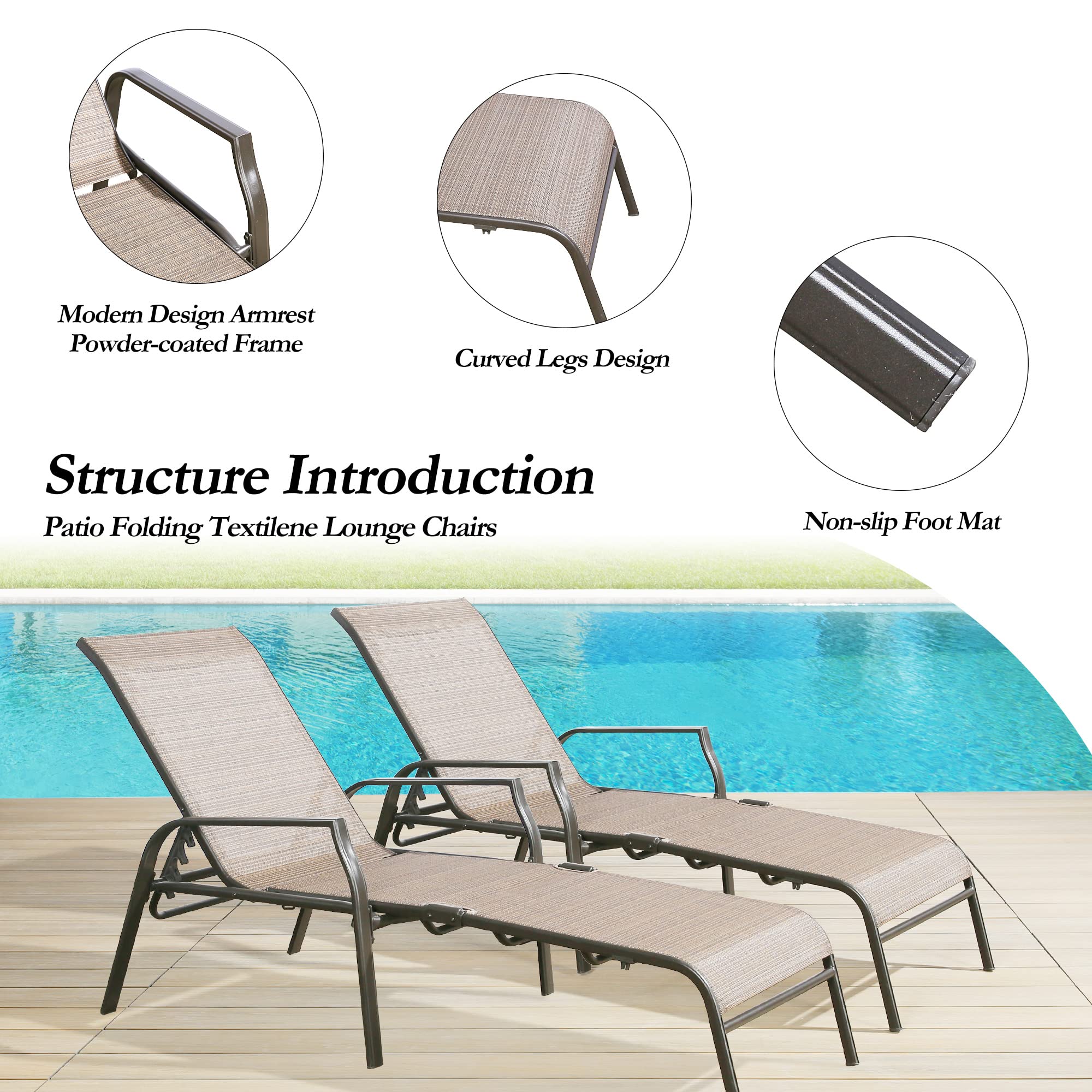 Premium Outdoor Chaise Lounge Chair - Foldable Reclining Patio Lounger for Beach, Poolside & Backyard Relaxation - Heavy Duty & Weather Resistant - Set of 2 (MA165) - Perfect for Sunbathing, Vacation & Outdoor Leisure