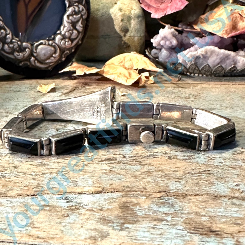 Vintage 950 Sterling Silver Black Obsidian or Onyx Bracelet - Handmade in Mexico - Perfect for Boho Style, Spiritual Healing & Gift Giving