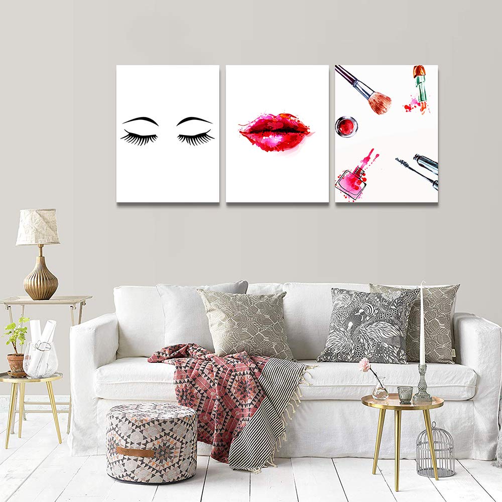 Modern Canvas Wall Art Set of 3 - Lips Makeup Painting for Girls Room, Bedroom, Bathroom & Living Room Decor | Framed Office Wall Decorations | Home Decor Wall Pictures for Kitchen & Housewarming Gifts