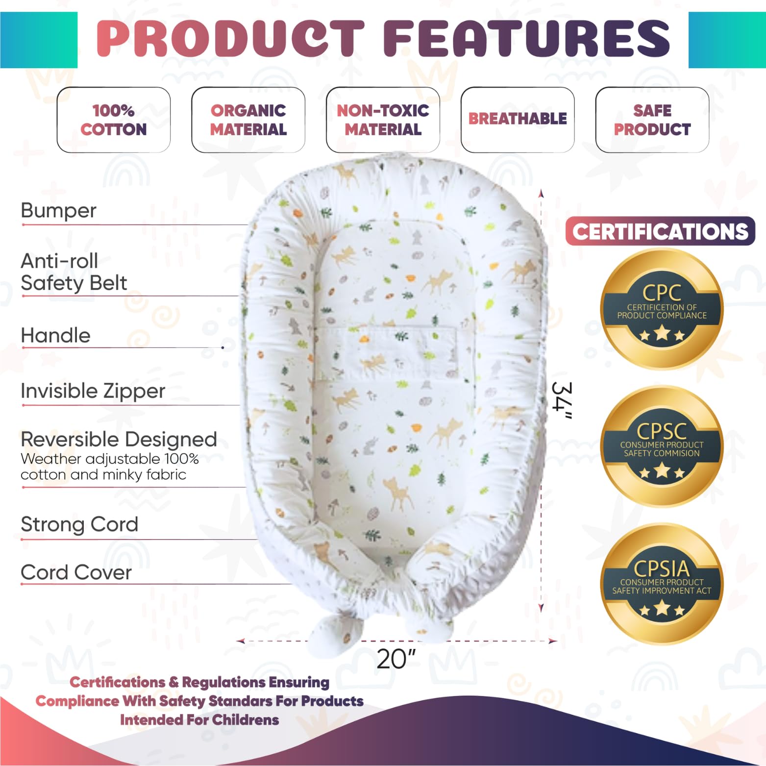 **Portable Baby Lounger Pillow for Newborns 0-24 Months - Anti-Roll Design, Co-Sleeping Infant Nest for Safe & Comfortable Napping, Travel & Home Use**