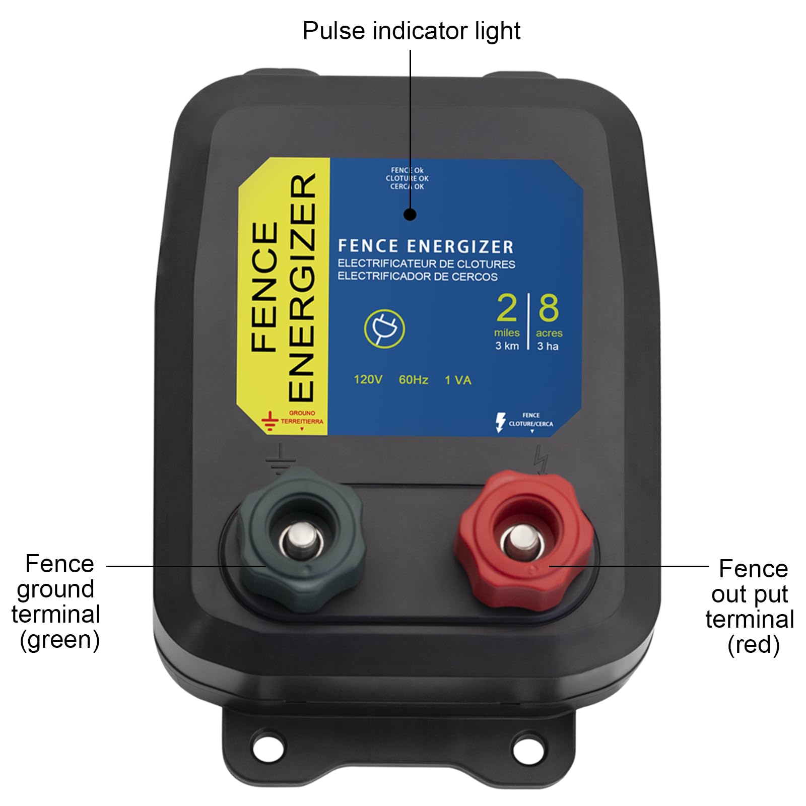High Power Electric Fence Energizer - 2 Mile Range & 8 Acres Coverage for Dogs, Livestock, Chicken Coops - Keep Out Raccoons, Squirrels, Skunks - 0.1 Joule Output - Perfect for Farms, Backyards & Animal Protection