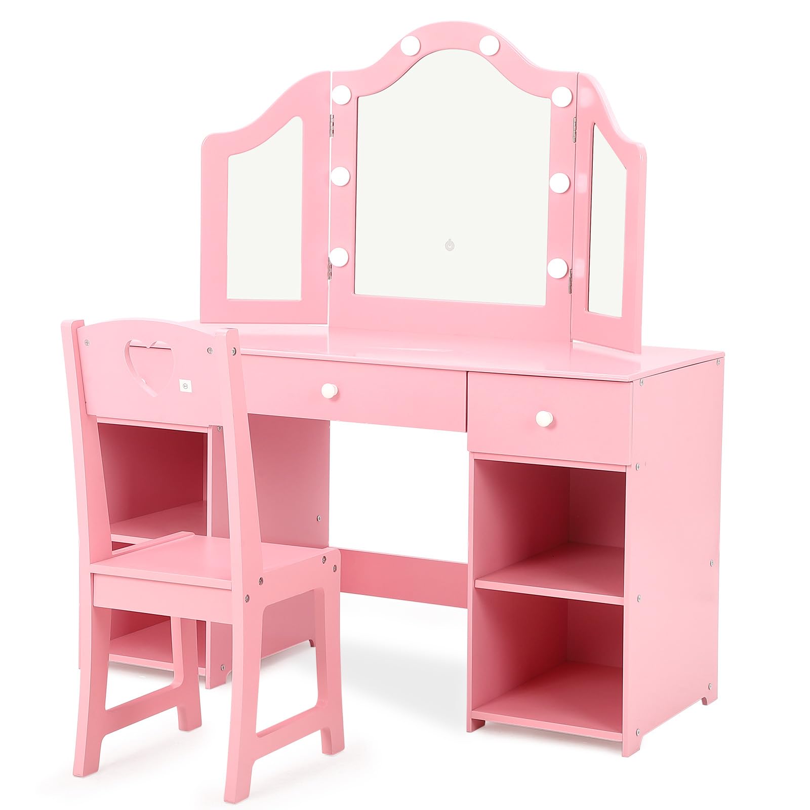 Kids Vanity with Lights & Storage - Princess Makeup Vanity Desk with Touch Light, Detachable Tri-Folding Mirror & Chair Set | 2-in-1 Wooden Toddler Vanity Table for Girls | Perfect for Bedroom Decor, Birthday Gifts & Pretend Play
