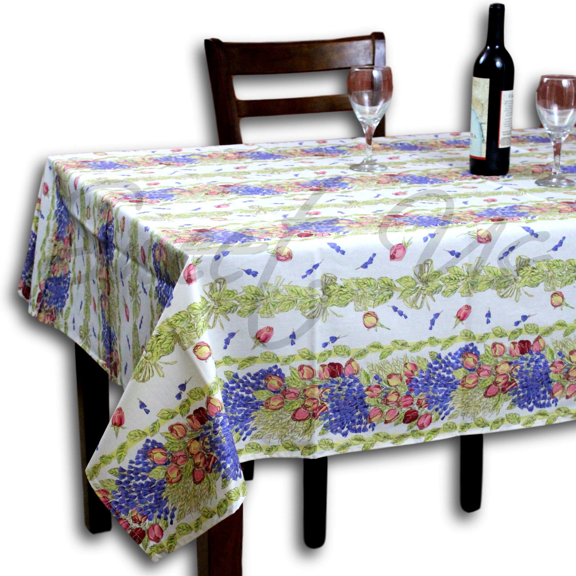 La Cigale Spill-Proof Wipeable Acrylic Coated Cotton Tablecloth - French Provencal Style with Lavender Roses Design (60x78 Inches) for Rectangle Tables | Available in White, Ivory, Ecru, Purple, Green & Red | Perfect for Dining Rooms, Kitchens, and Outdoor Gatherings
