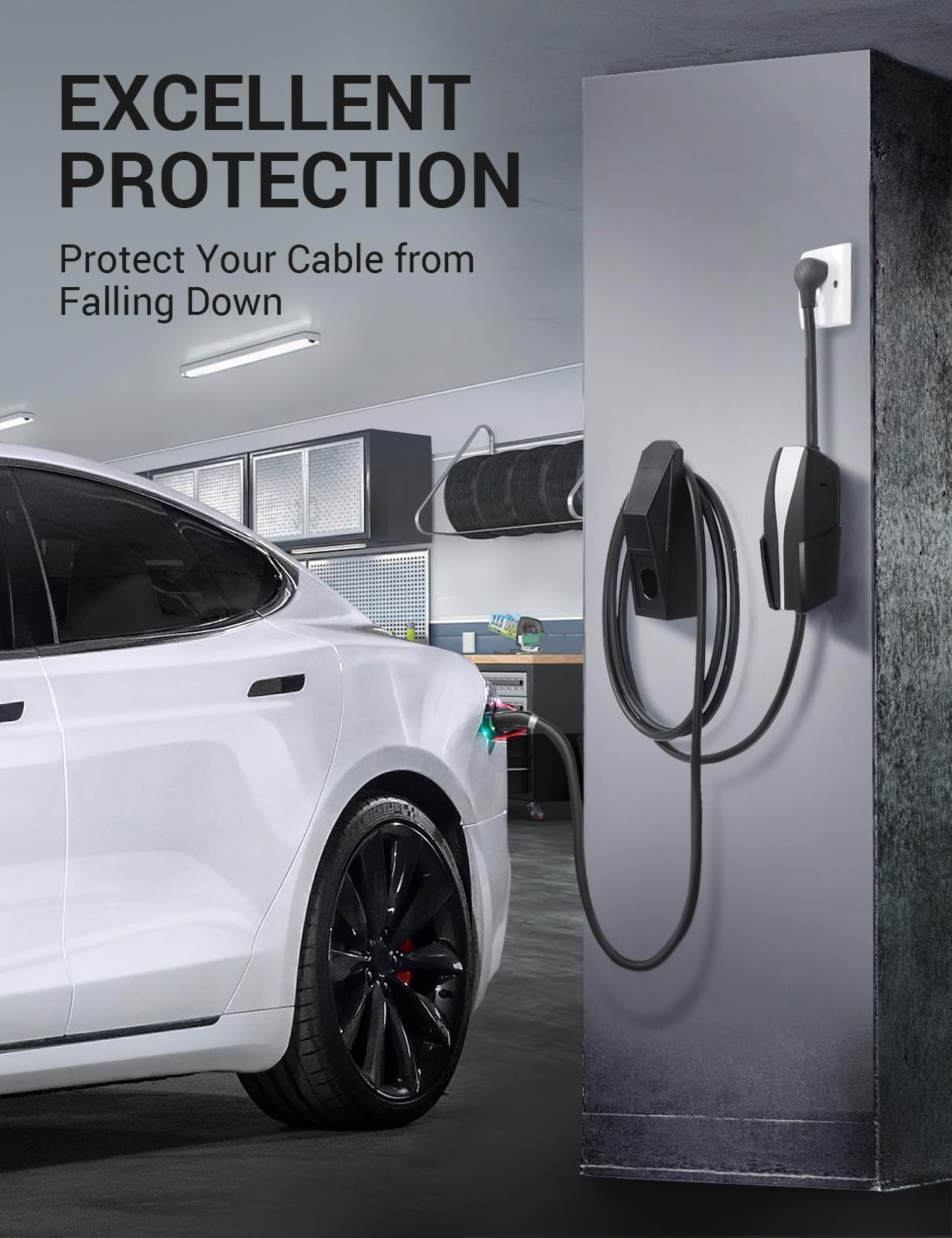BASENOR Tesla Wall Mount Charger Holder & Cable Organizer for Model 3/Y/S/X & Cybertruck - Includes Chassis Bracket (CA300, Black) - Perfect for Home Garage & Travel Charging Organization