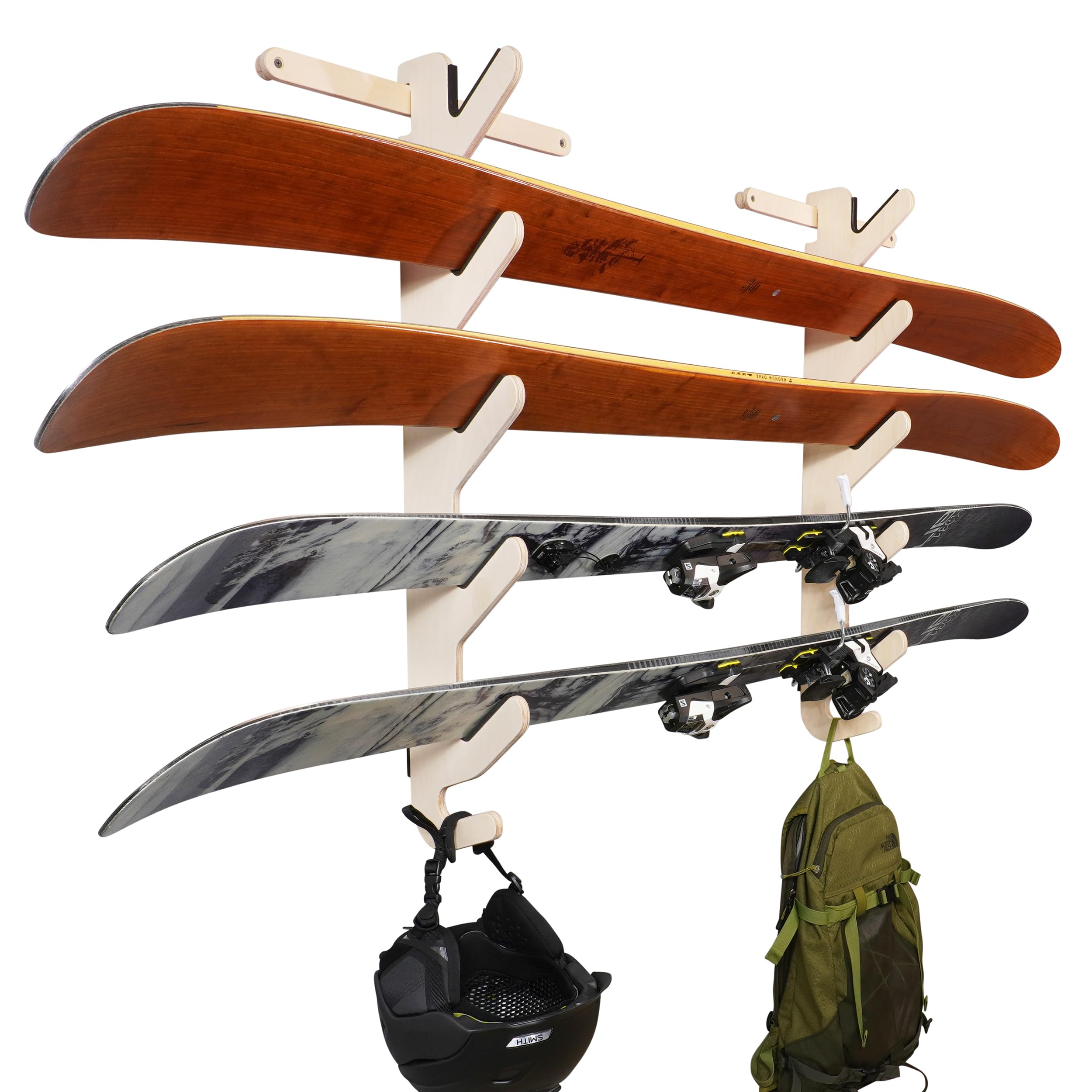 Premium Birch Wood Ski Rack - Hallsteiner Series Indoor Horizontal Wall Mount for 4-5 Pairs of Skis | Space-Saving Ski Storage for Home, Cabin, or Lodge Decor
