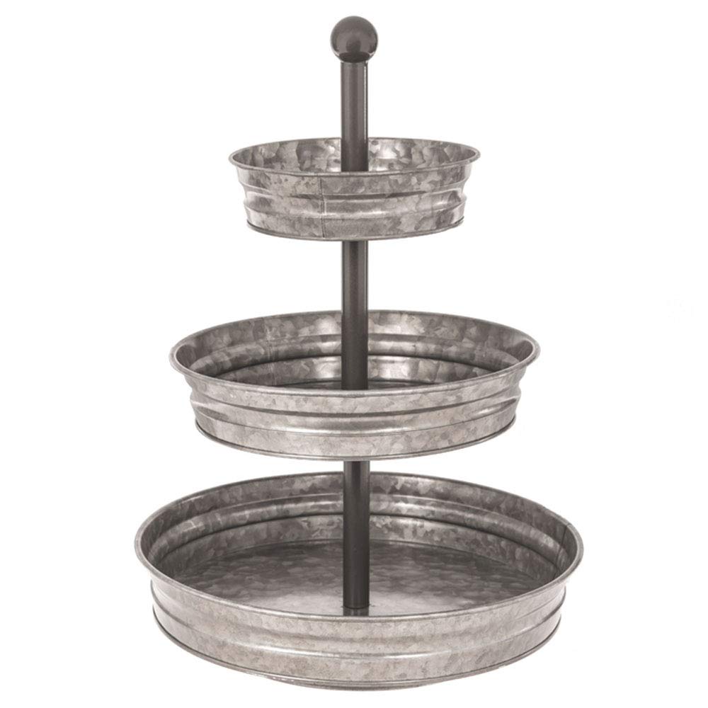 3-Tier Vintage Galvanized Metal Serving Tray Stand - Rustic Farmhouse Kitchen Decor for Cupcakes, Desserts & Party Food | Indoor/Outdoor Use for Dining Room, Patio & Garden Events (Silver)