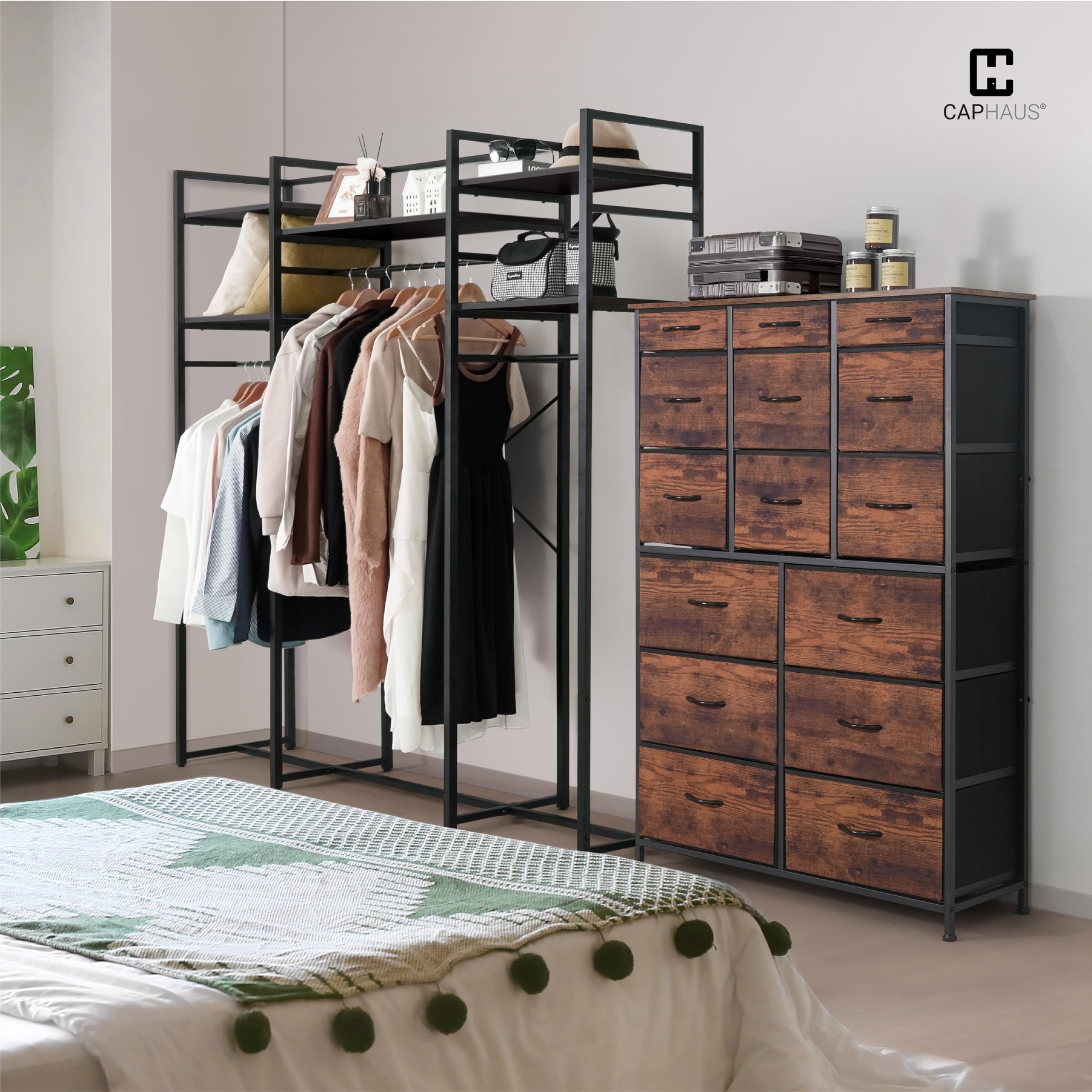 CAPHAUS 15-Bin Fabric Drawer Storage Tower with P2 Board Top - Laundry Organizer, Clothes Sorter, Multi-Purpose Chest of Drawers for Bedroom, Hallway & Office - Rustic Oak Finish for Home Organization