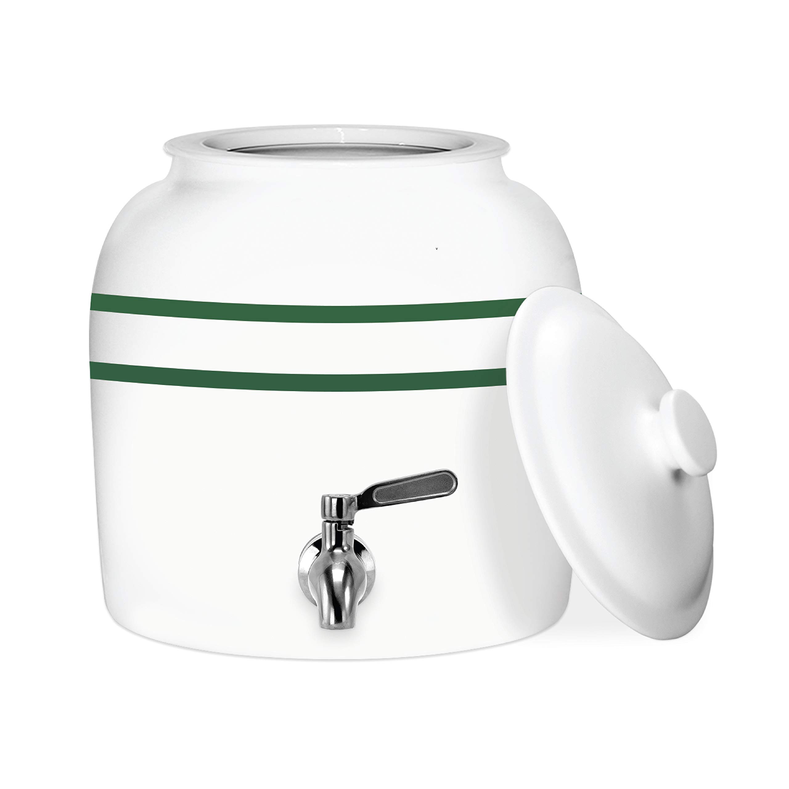 Geo Sports 3-5 Gallon Porcelain Ceramic Water Dispenser with Stainless Steel Faucet - Green Stripe Design for Home, Office, or Outdoor Use - Includes Valve and Lid - Perfect for Drinking Water Storage and Serving
